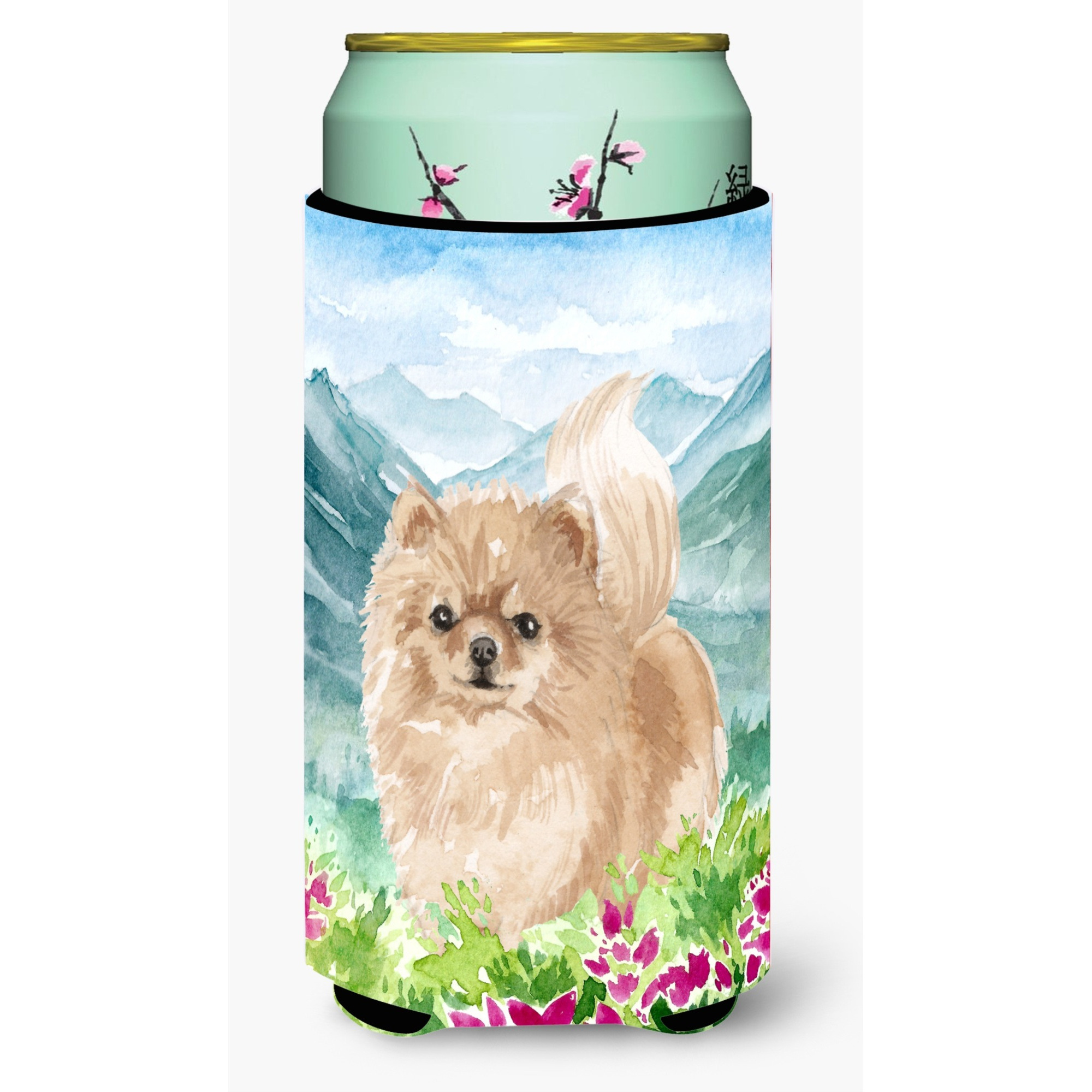 Carolines Treasures CK1970TBC Mountian Flowers Pomeranian Tall Boy Hugger cold-beverage-koozies, Multicolor