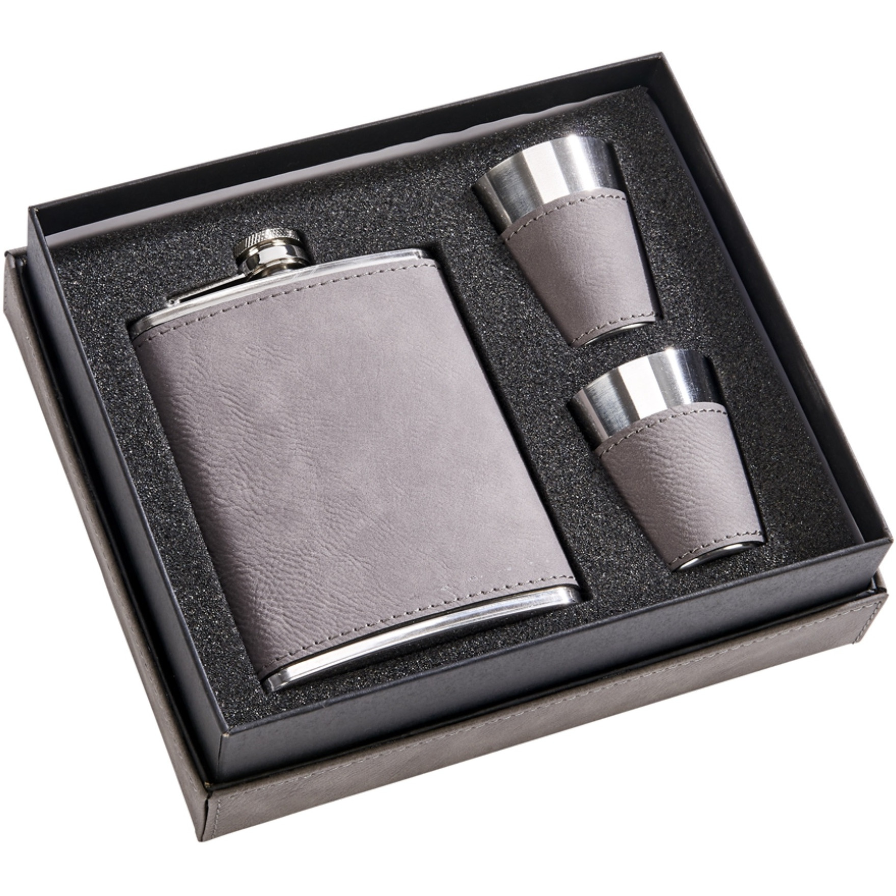 Leatherette Box/8 Oz Flask/2 Cups Grey