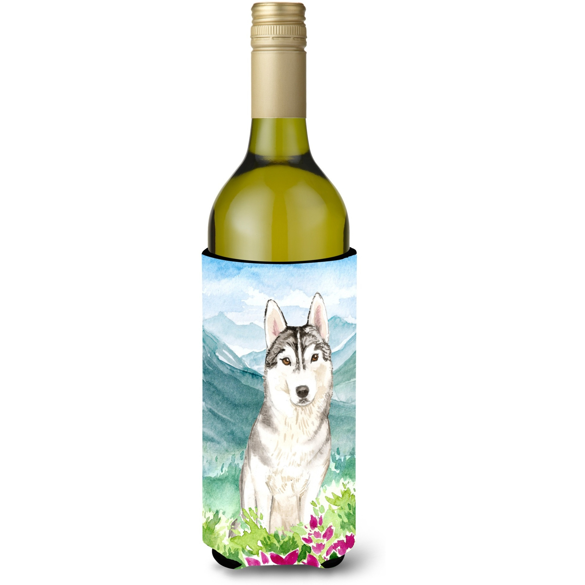 &quotCaroline's Treasures CK2519LITERK Mountian Flowers Siberian Husky Wine Bottle Hugger cold-beverage-koozies, 750 ml, Multicolor"