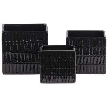 Urban Trends collection 53205 ceramic Square Pot with 4 Tier Embossed Oblong Lattice Design Body & Tapered Bottom&44 gloss Finish&44 Black - Set of 3