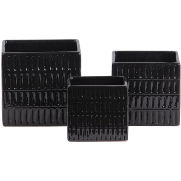 Urban Trends collection 53205 ceramic Square Pot with 4 Tier Embossed Oblong Lattice Design Body & Tapered Bottom&44 gloss Finish&44 Black - Set of 3
