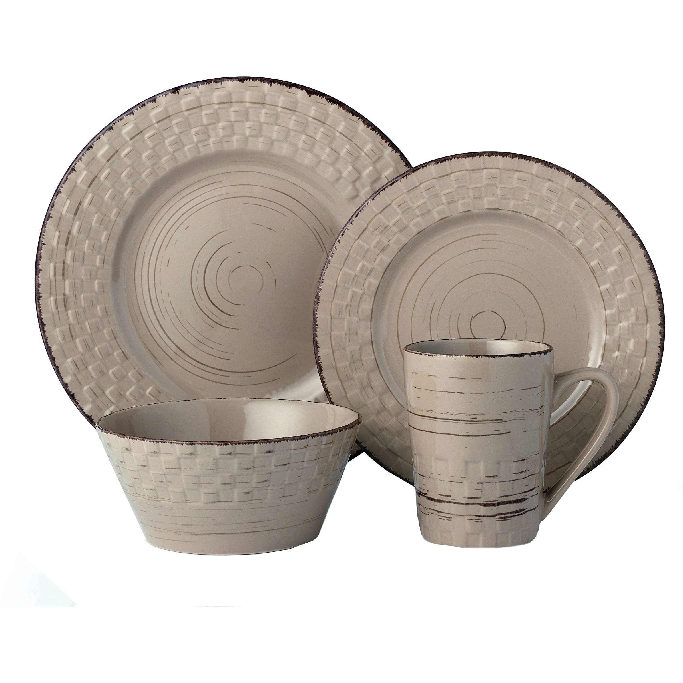 Lorren Home Trends LH515 16 Piece Distressed Weave Dinnerware Set  Mocca