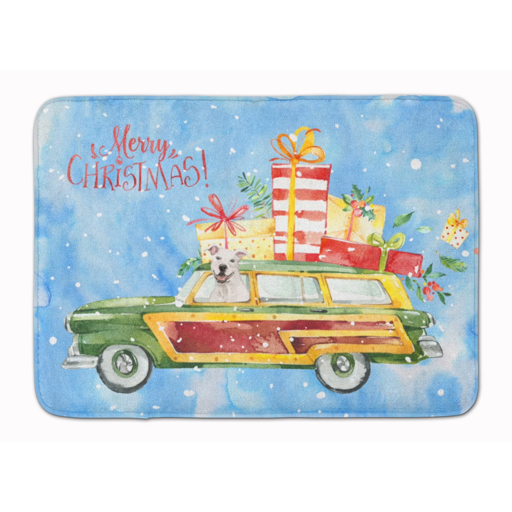 Caroline's Treasures Merry Christmas White Staffordshire Bull Terrier Machine Washable Memory Foam Mat doormats