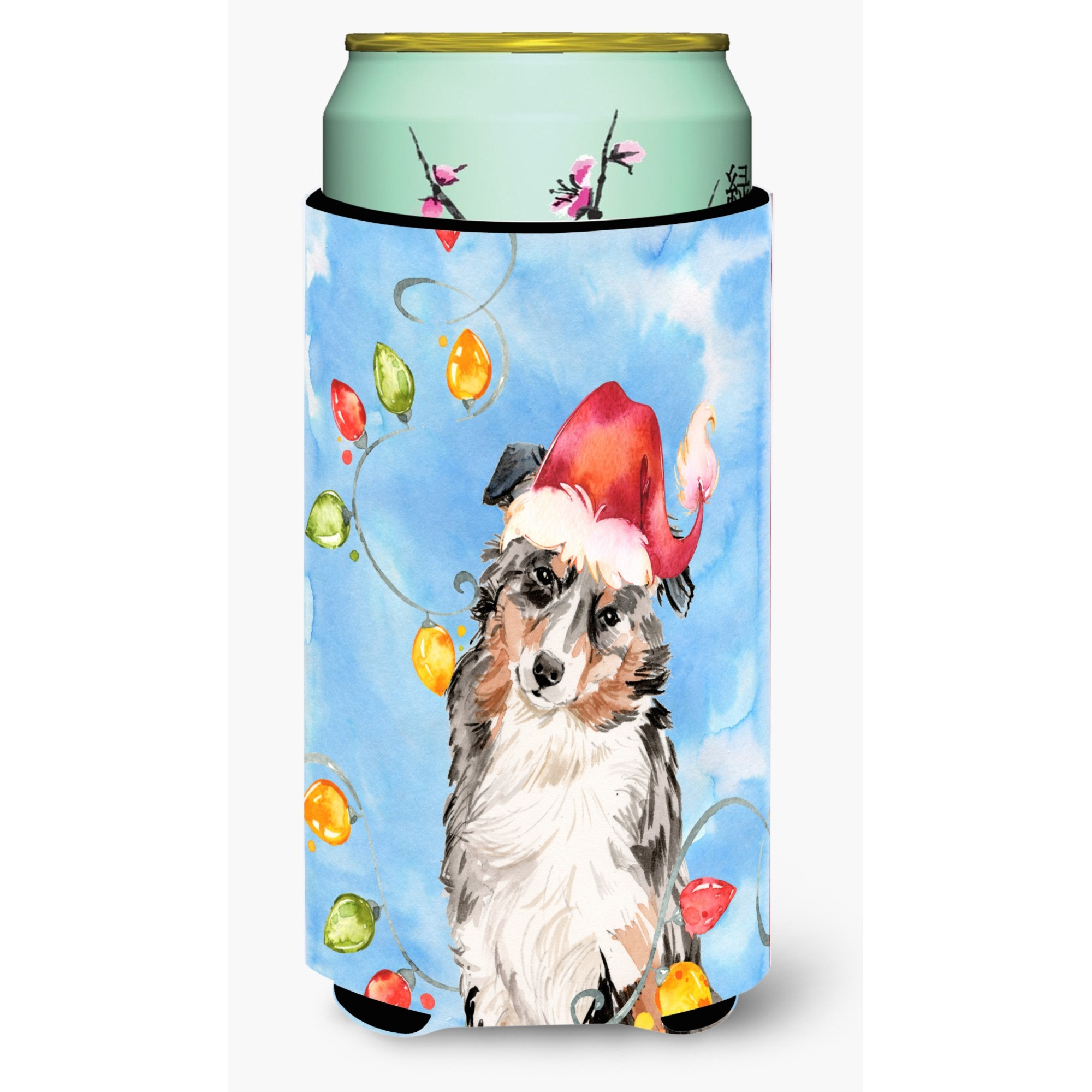 &quotCaroline's Treasures CK2504TBC Christmas Lights Australian Shepherd Tall Boy Hugger cold-beverage-koozies, Multicolor"