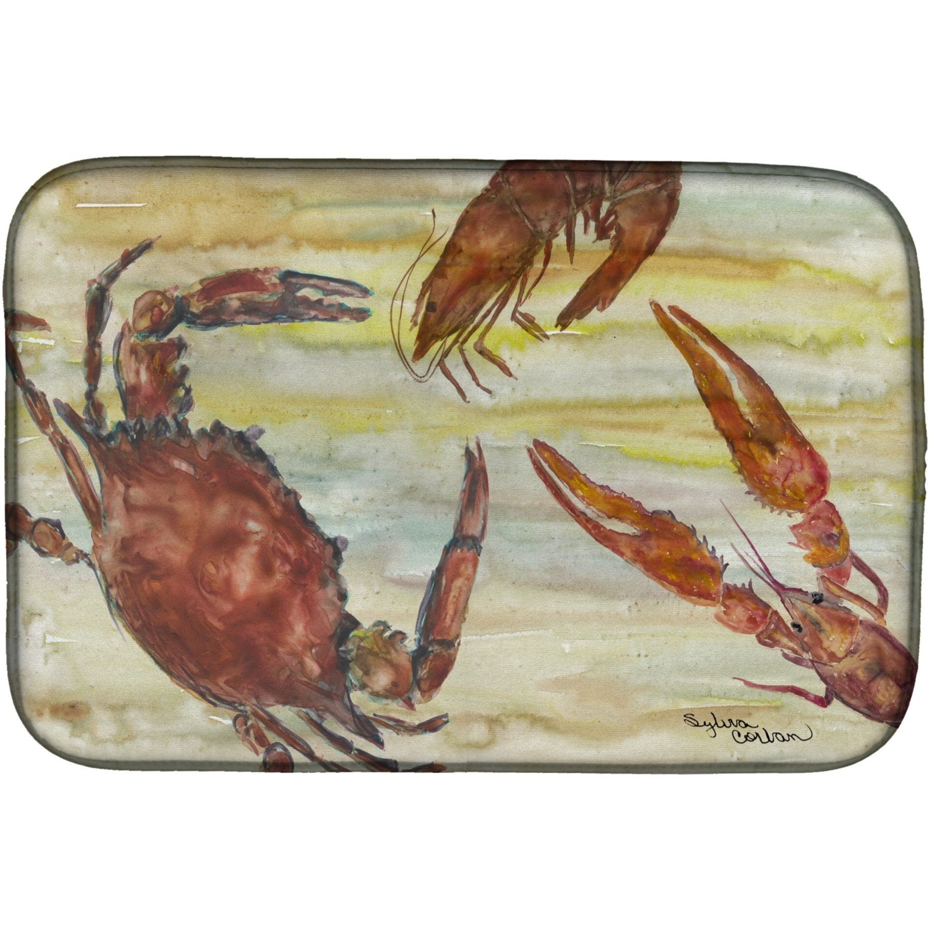 &quotCaroline's Treasures SC2023DDM Crab, Shrimp, Oyster Yellow Sky dish-drying-mats, 14x21, Multicolor"