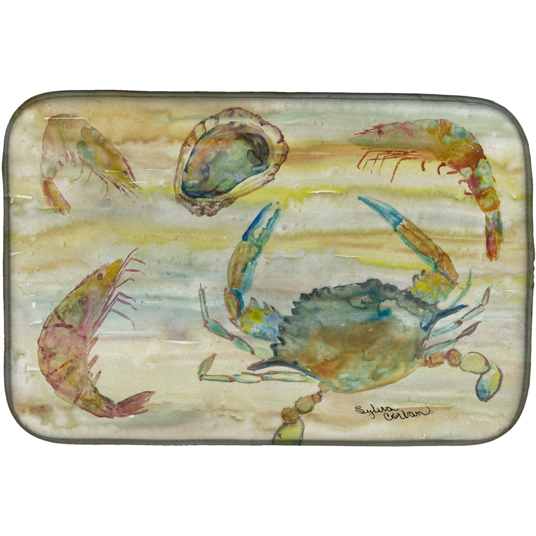 &quotCaroline's Treasures SC2026DDM Crab, Shrimp, Oyster Yellow Sky dish-drying-mats, 14x21, Multicolor"