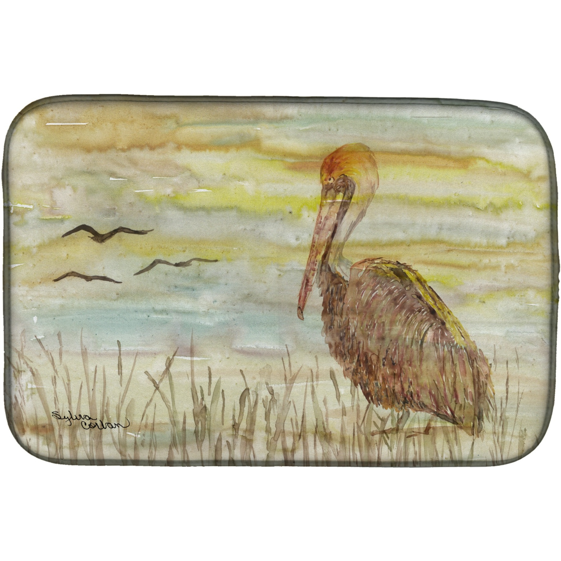 &quotCaroline's Treasures SC2025DDM Brown Pelican Yellow Sky dish-drying-mats, 14x21, Multicolor"