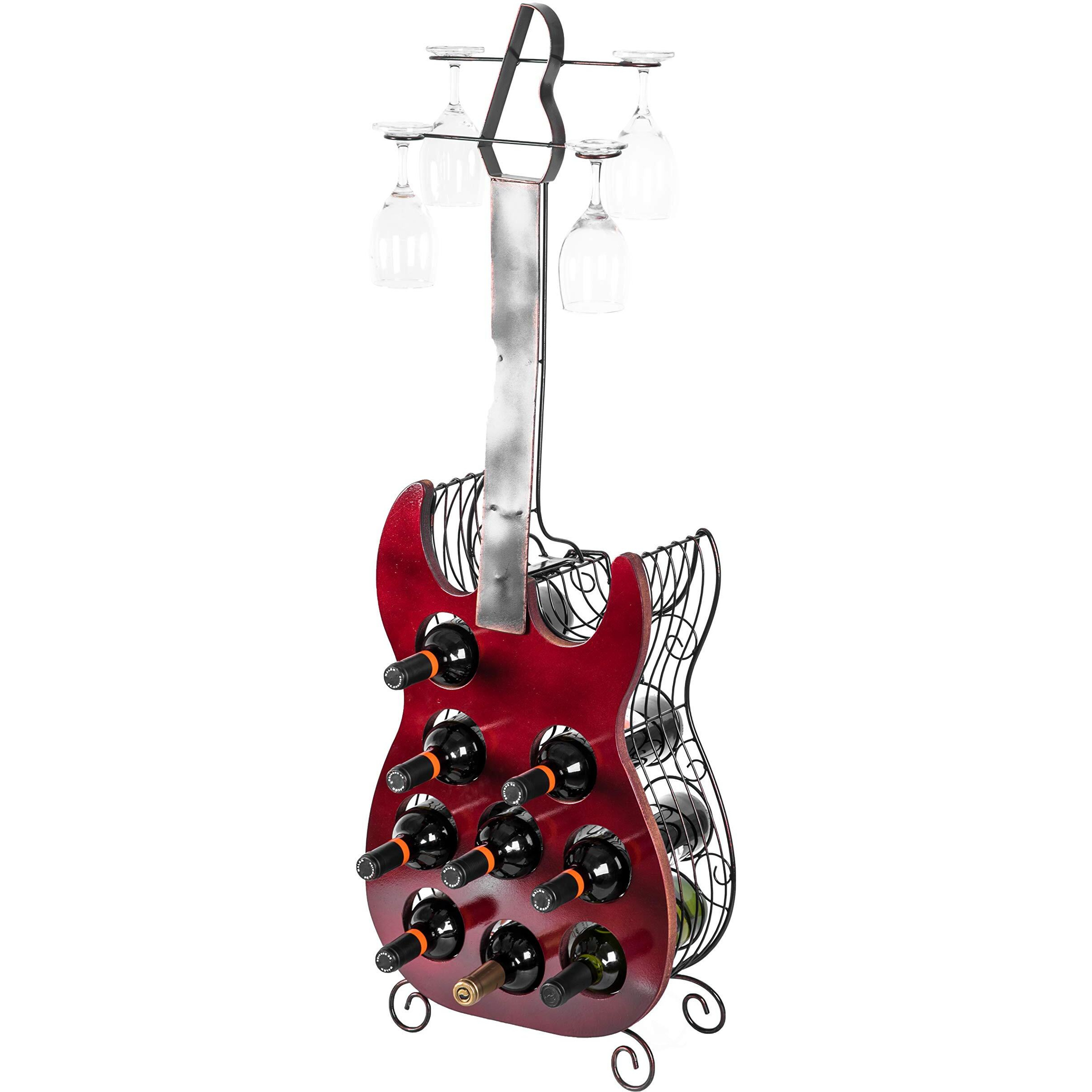 Vintiquewise QI003562 4525 x 155 x 7 in Vintage Wood & Metal guitar Shaped 9 Bottle Freestanding Decorative Wine Holder&44 Bronze