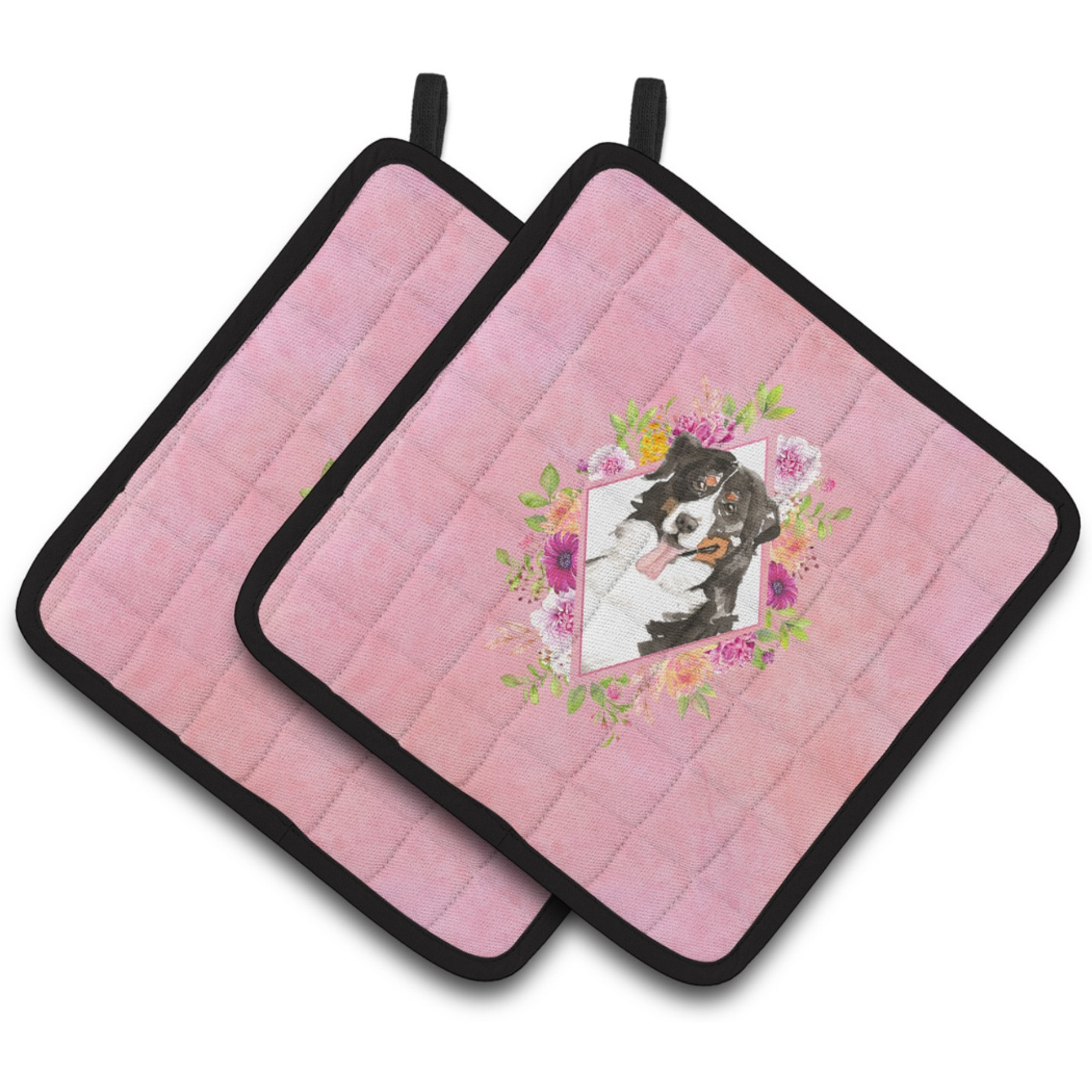 &quotCaroline's Treasures CK4264PTHD Bernese Mountain Dog Pink Flowers Pair of Pot Holders potholders, Multicolor"