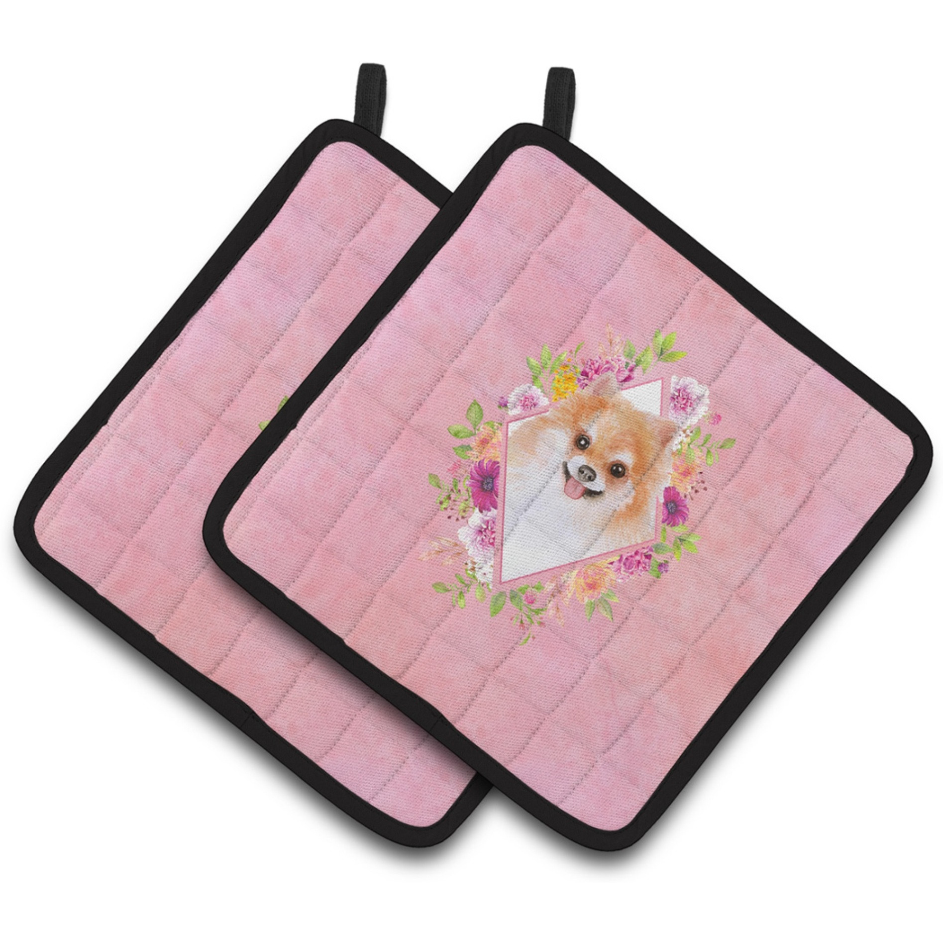 &quotCaroline's Treasures CK4169PTHD Pomeranian 1 Pink Flowers Pair of Pot Holders potholders, Multicolor"