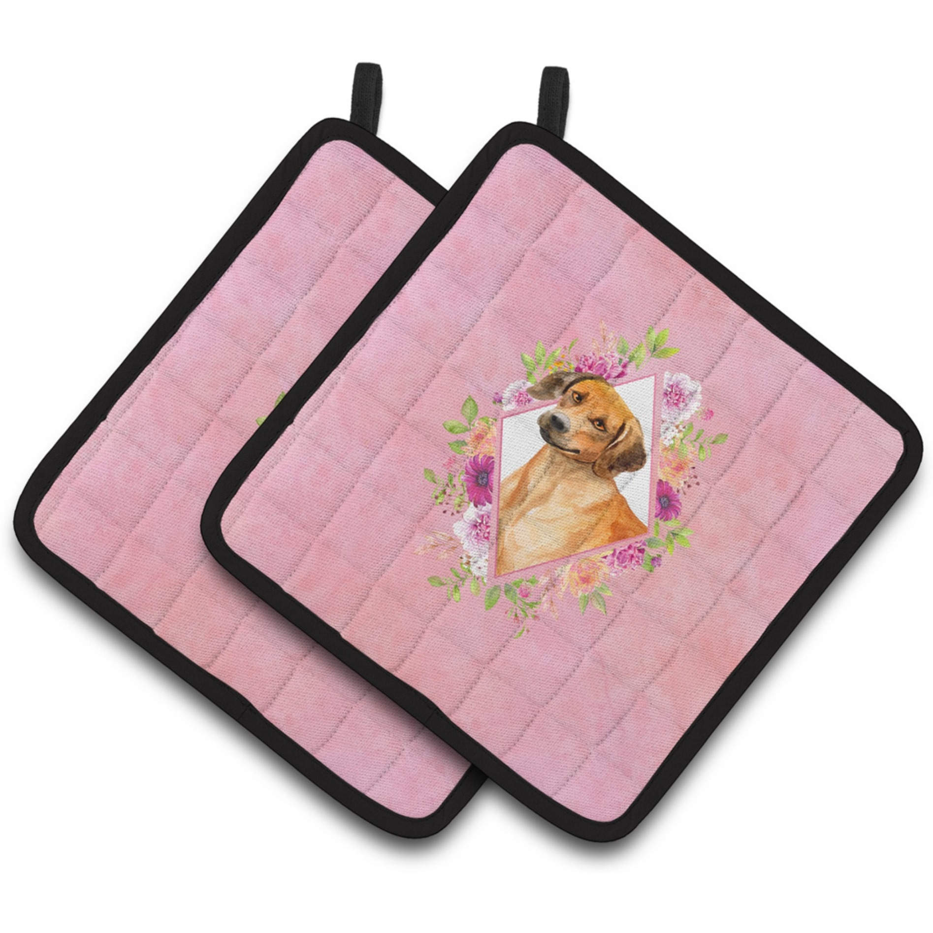 &quotCaroline's Treasures CK4175PTHD Rhodesian Ridgeback Pink Flowers Pair of Pot Holders potholders, Multicolor"
