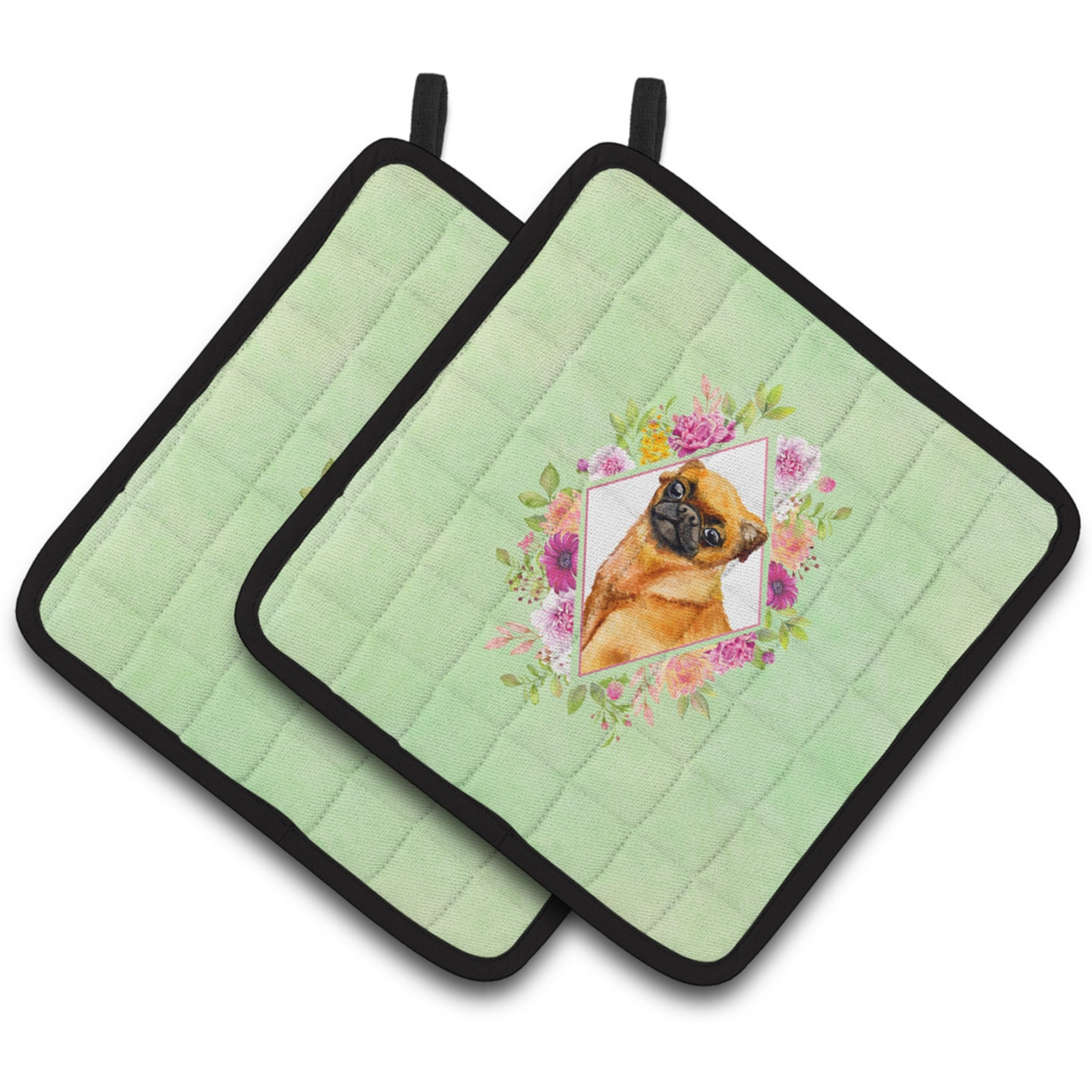 &quotCaroline's Treasures CK4345PTHD Brabant Griffon Green Flowers Pair of Pot Holders potholders, Multicolor"