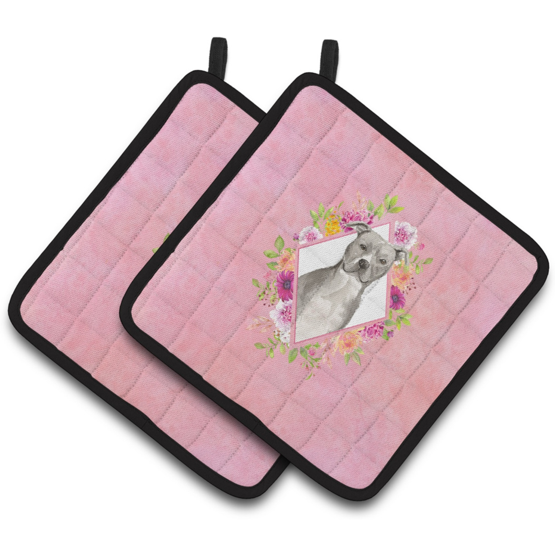 &quotCaroline's Treasures CK4269PTHD Blue Pit Bull Terrier Pink Flowers Pair of Pot Holders potholders, Multicolor"