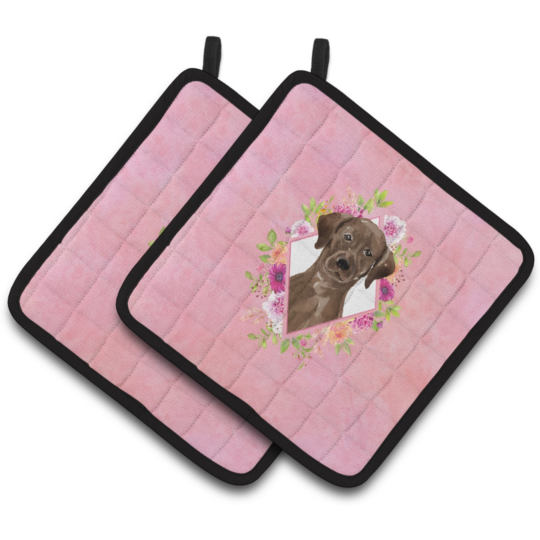 &quotCaroline's Treasures CK4251PTHD Chocolate Labrador Pink Flowers Pair of Pot Holders potholders, Multicolor"