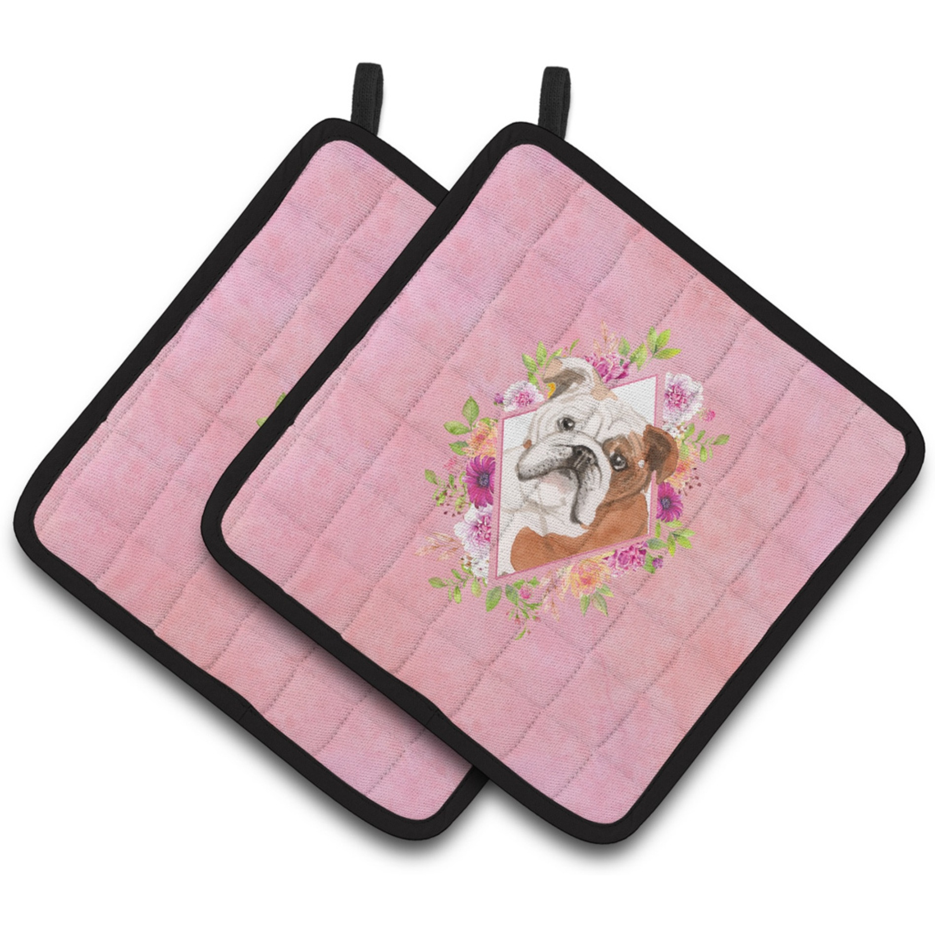 &quotCaroline's Treasures CK4240PTHD English Bulldog Pink Flowers Pair of Pot Holders potholders, Multicolor"