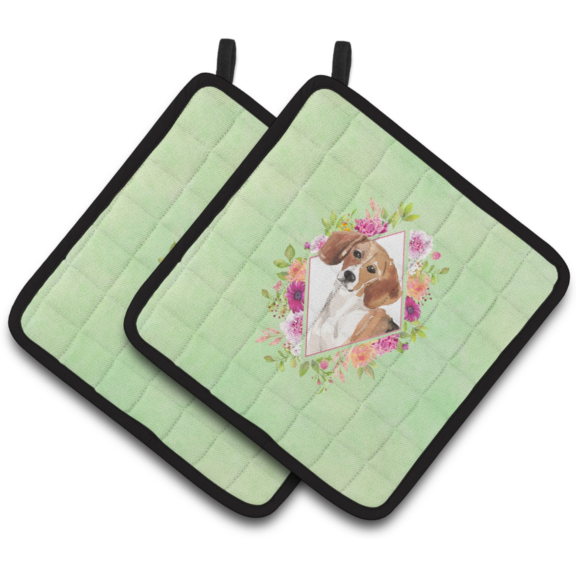&quotCaroline's Treasures CK4425PTHD Beagle Green Flowers Pair of Pot Holders potholders, Multicolor"
