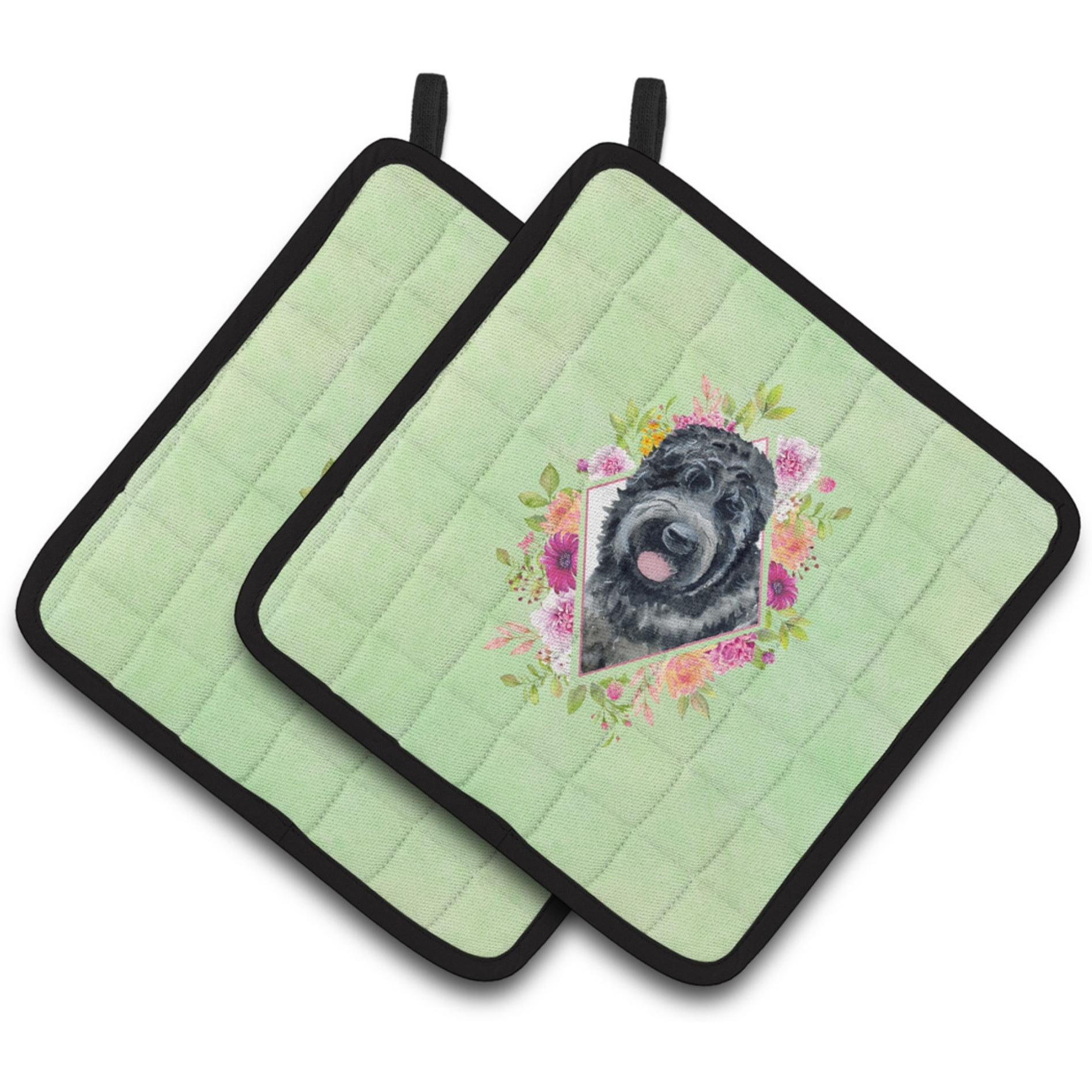 &quotCaroline's Treasures CK4336PTHD Russian Black Terrier Green Flowers Pair of Pot Holders potholders, Multicolor"