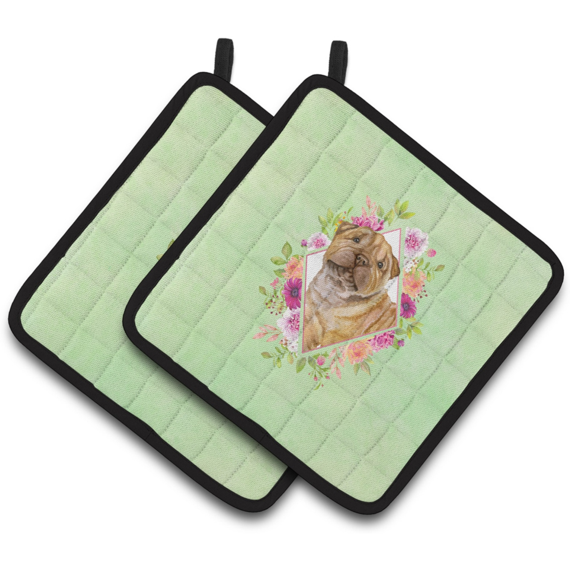 &quotCaroline's Treasures CK4341PTHD Shar Pei Green Flowers Pair of Pot Holders potholders, Multicolor"