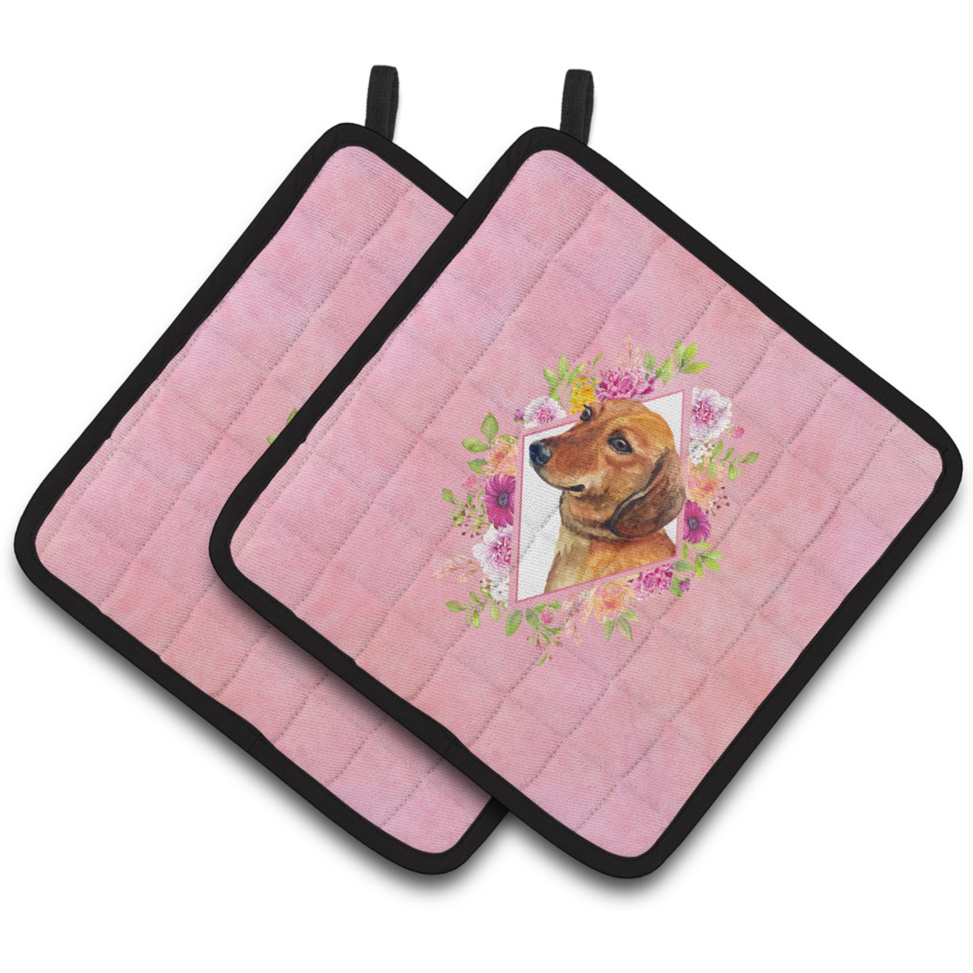 &quotCaroline's Treasures CK4134PTHD Dachshund Red 1 Pink Flowers Pair of Pot Holders potholders, Multicolor"