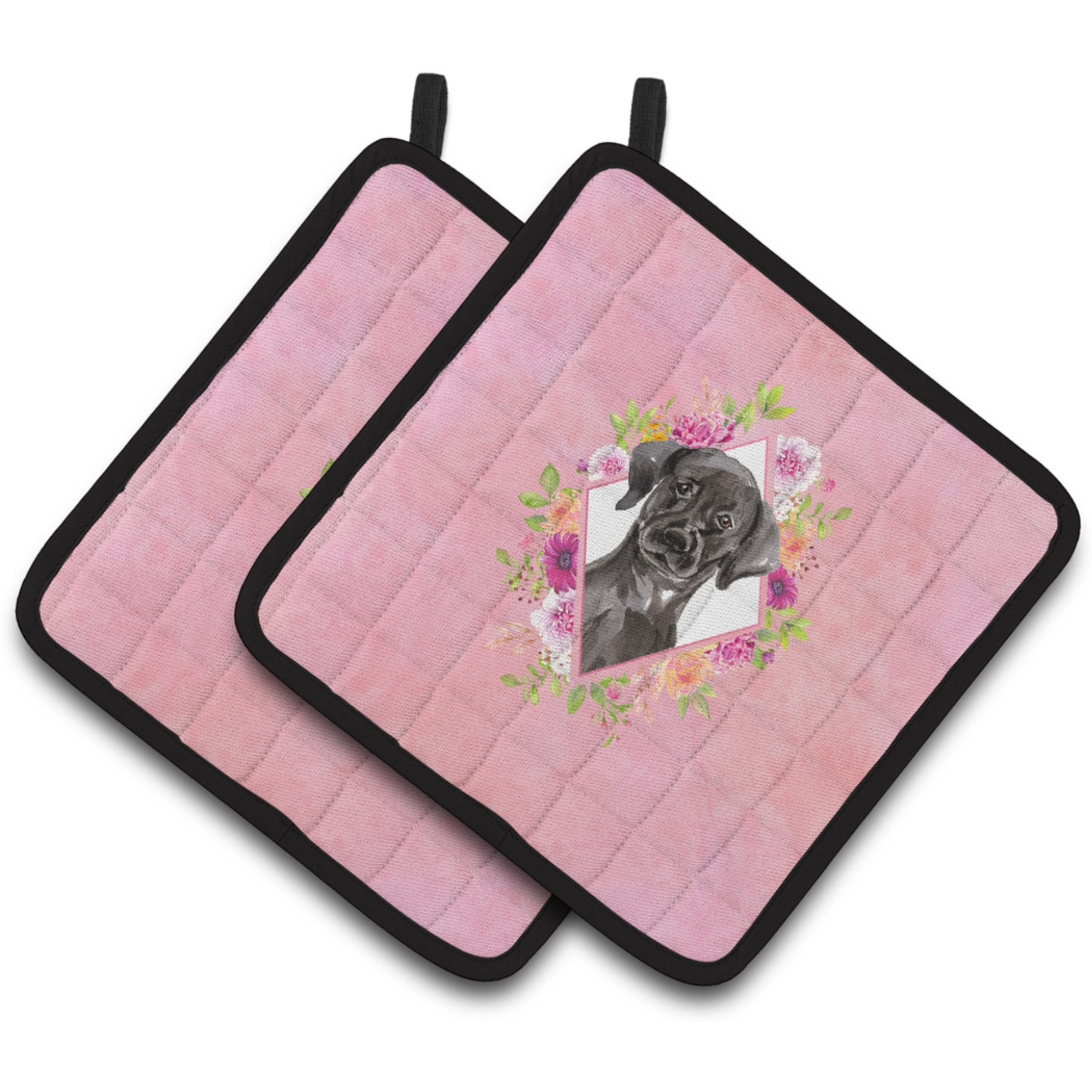 &quotCaroline's Treasures CK4261PTHD Black Labrador Pink Flowers Pair of Pot Holders potholders, Multicolor"