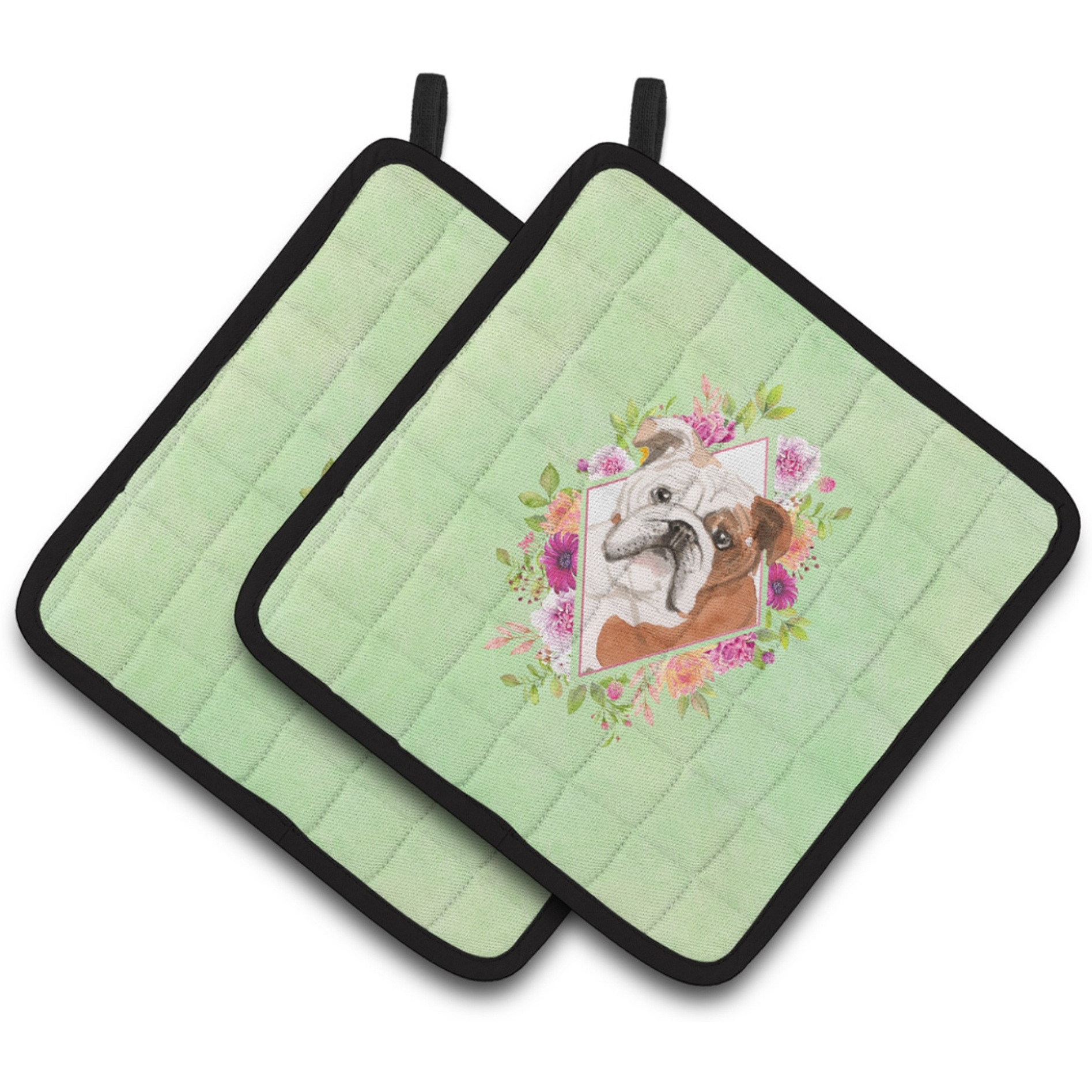 &quotCaroline's Treasures CK4400PTHD English Bulldog Green Flowers Pair of Pot Holders potholders, Multicolor"