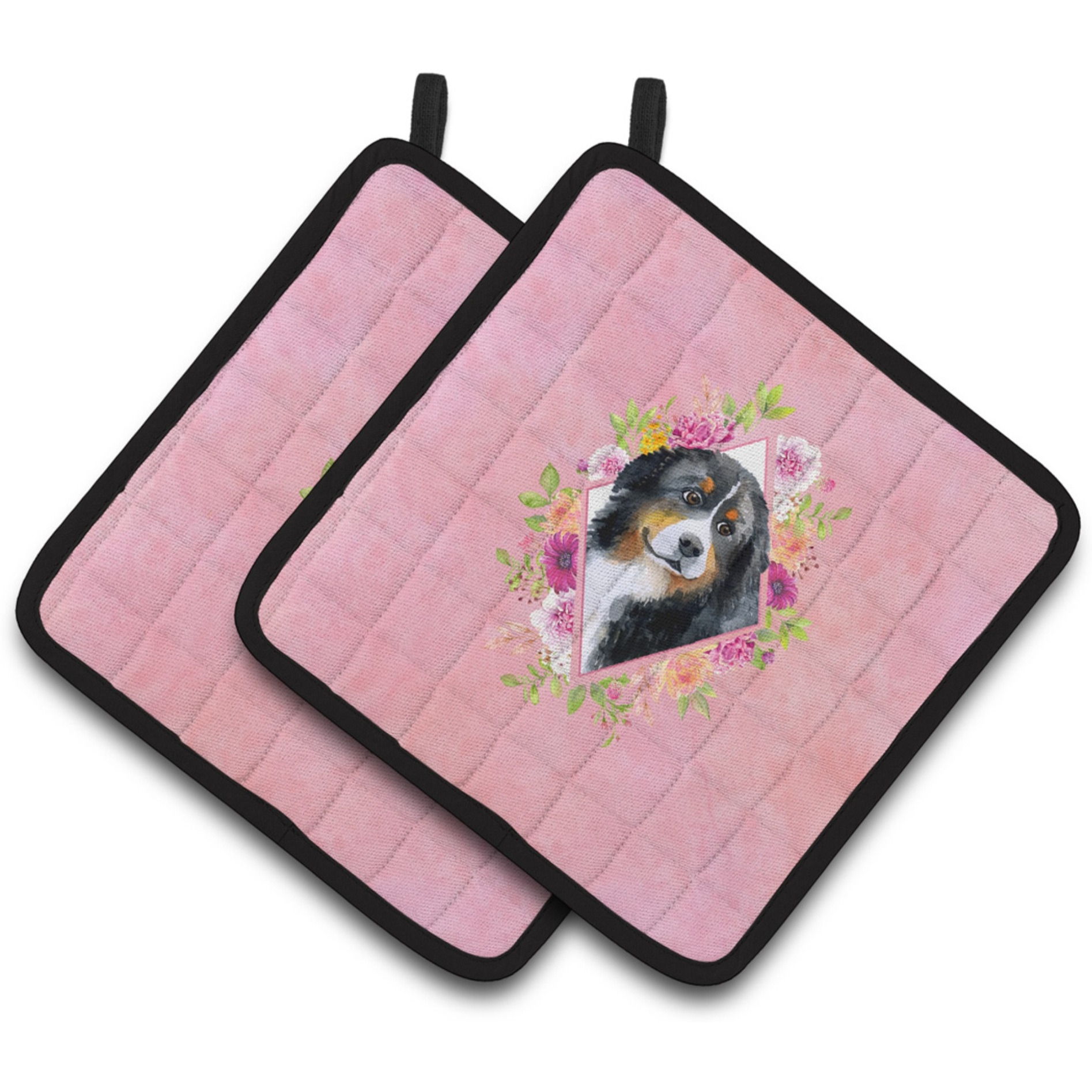 &quotCaroline's Treasures CK4118PTHD Bernese Mountain Dog Pink Flowers Pair of Pot Holders potholders, Multicolor"