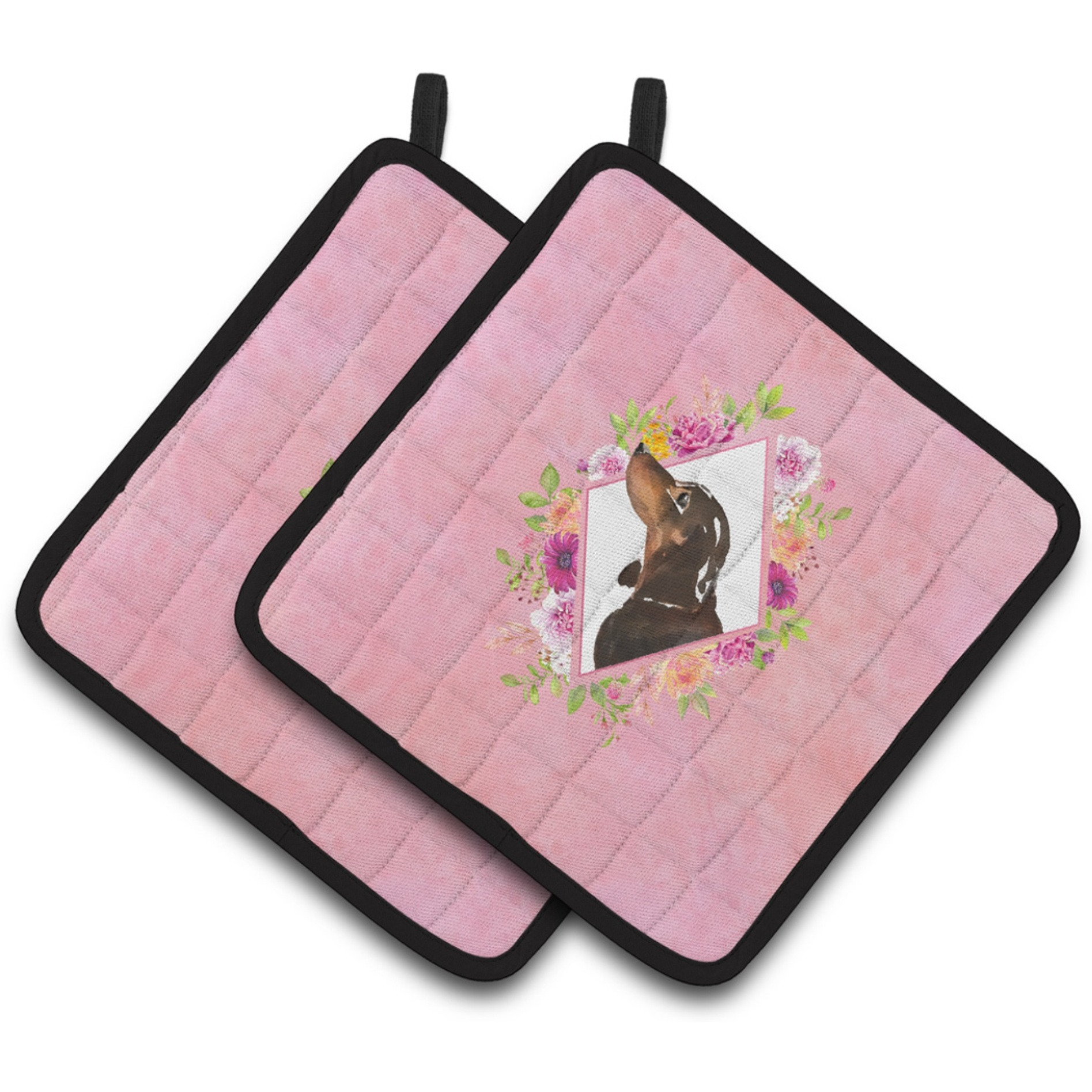 &quotCaroline's Treasures CK4262PTHD Black and Tan Dachshund Pink Flowers Pair of Pot Holders potholders, Multicolor"