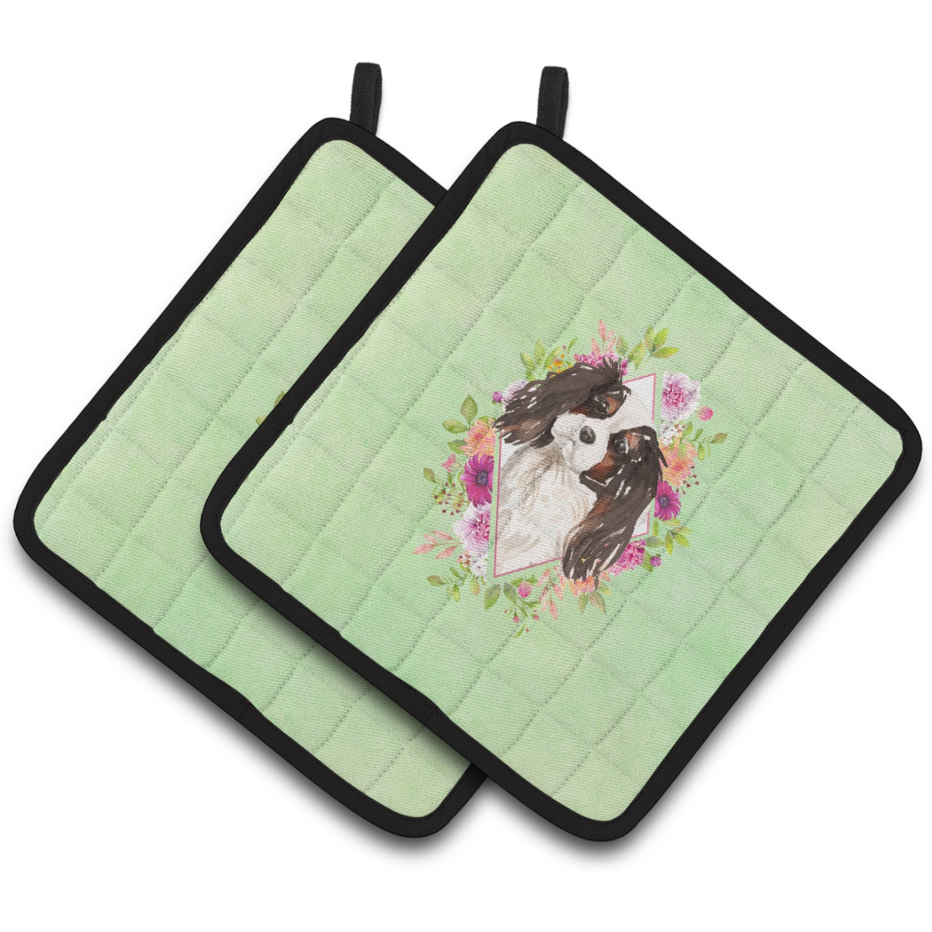 &quotCaroline's Treasures CK4366PTHD Tricolor Cavalier Spaniel Green Flowers Pair of Pot Holders potholders, Multicolor"