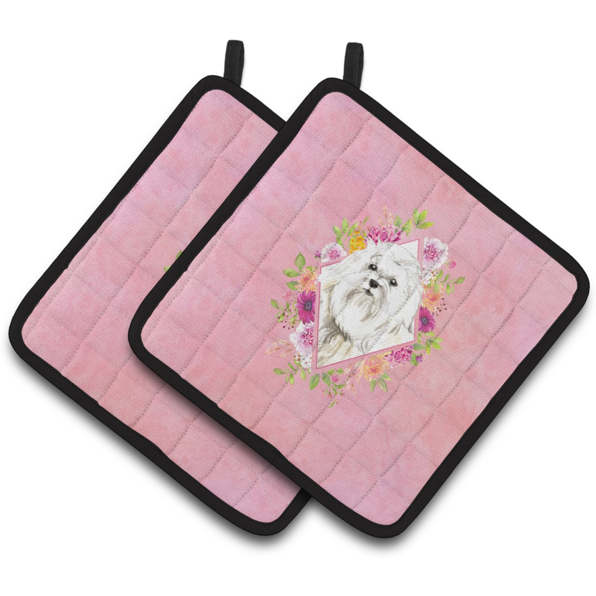 &quotCaroline's Treasures CK4223PTHD Maltese Pink Flowers Pair of Pot Holders potholders, Multicolor"
