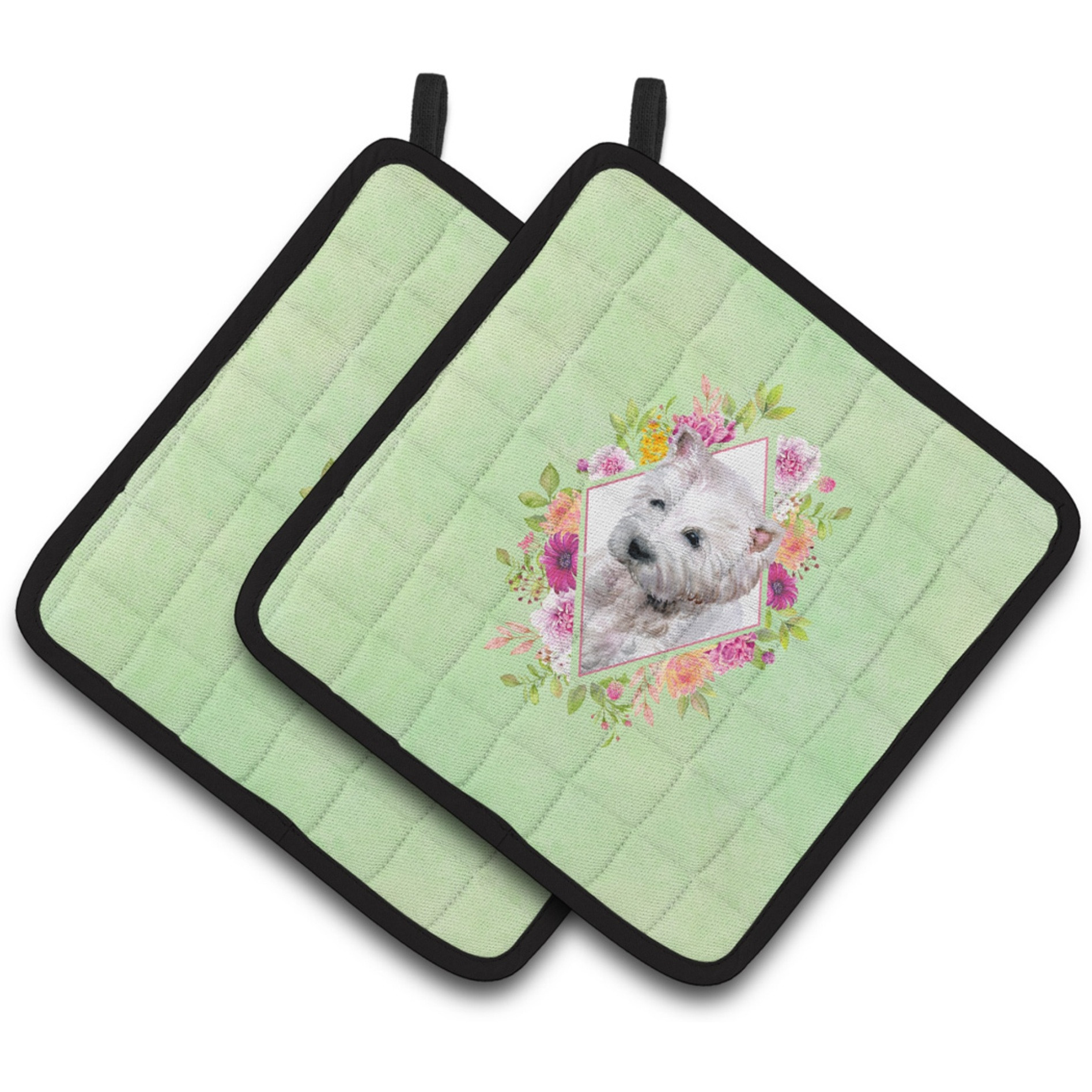&quotCaroline's Treasures CK4353PTHD West Highland White Terrier Green Flowers Pair of Pot Holders potholders, Multicolor"