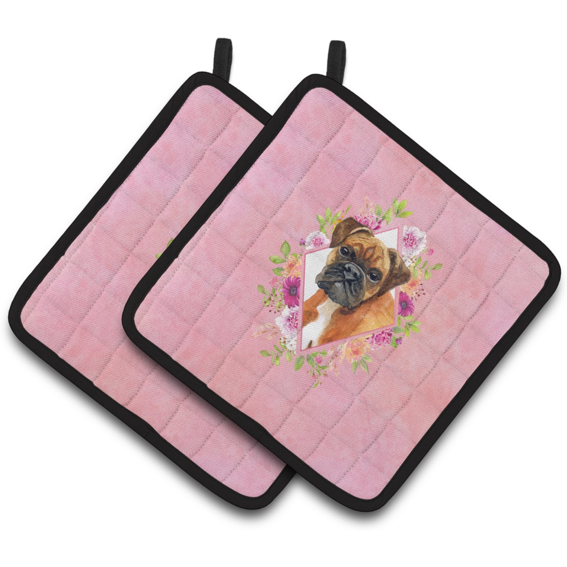 &quotCaroline's Treasures CK4145PTHD German Boxer Pink Flowers Pair of Pot Holders potholders, Multicolor"