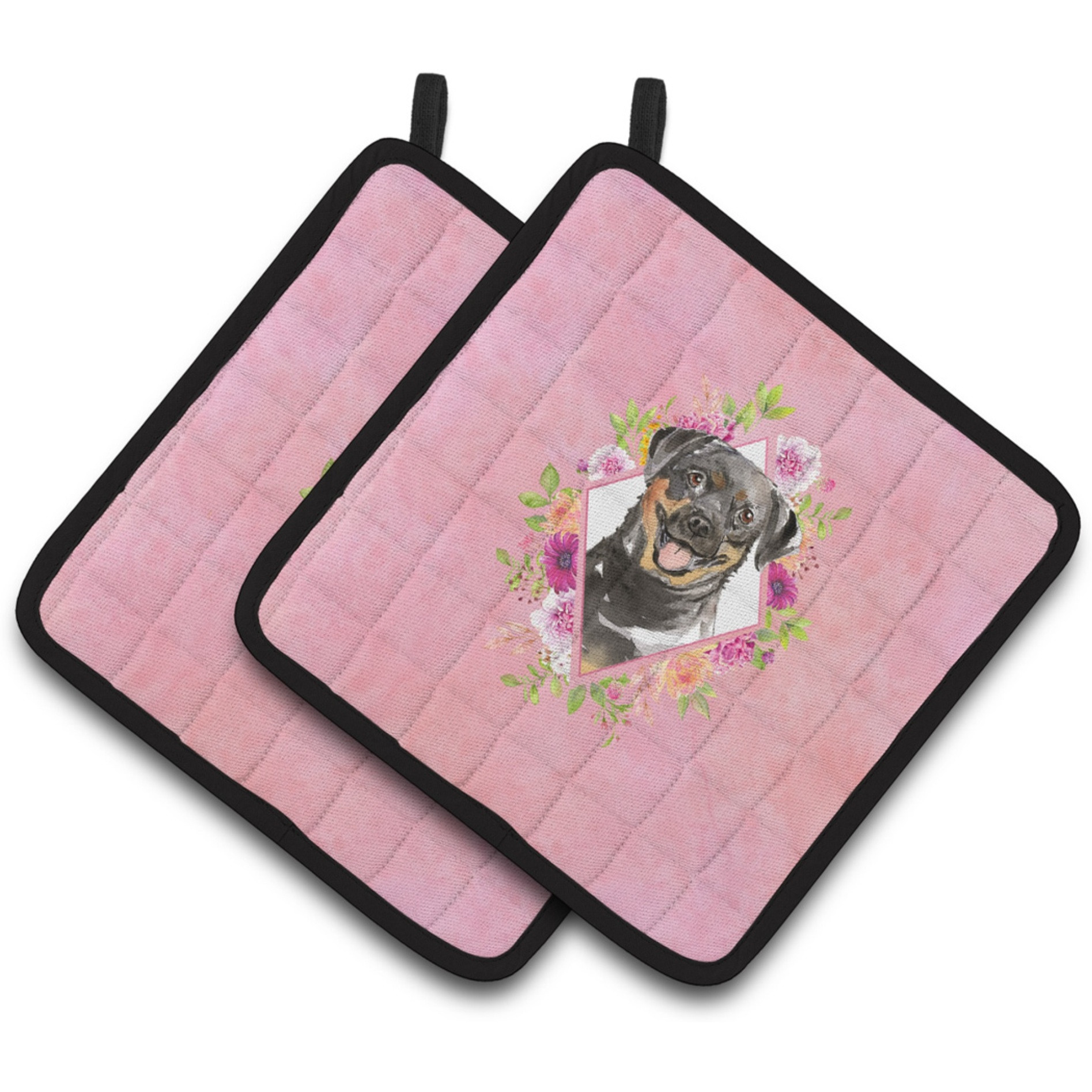 &quotCaroline's Treasures CK4217PTHD Rottweiler Pink Flowers Pair of Pot Holders potholders, Multicolor"