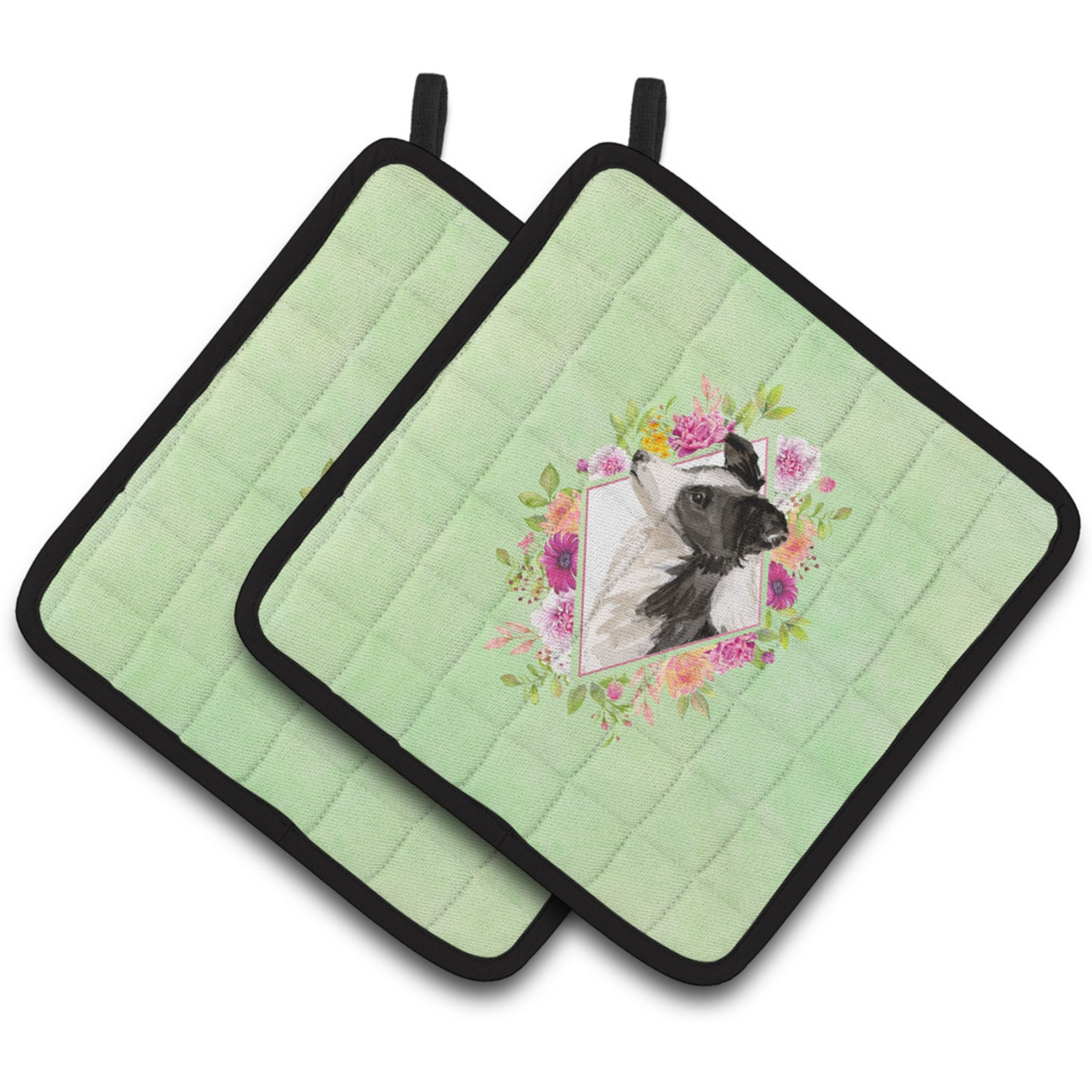 &quotCaroline's Treasures CK4418PTHD Border Collie Green Flowers Pair of Pot Holders potholders, Multicolor"