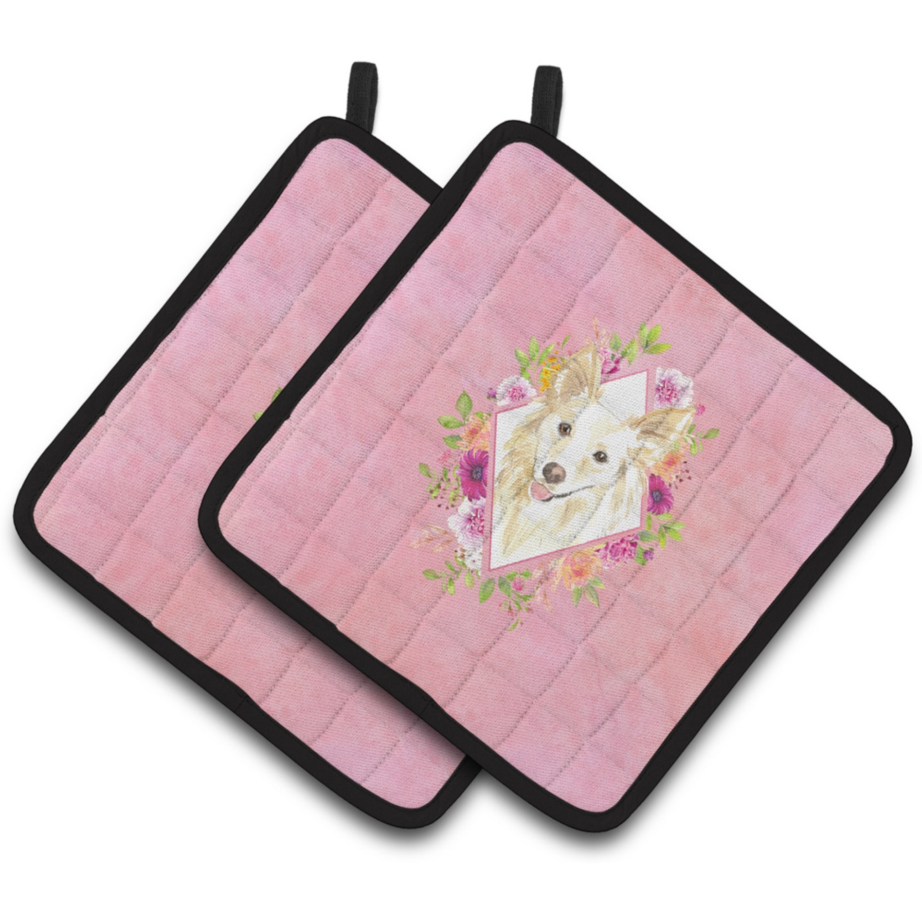 &quotCaroline's Treasures CK4201PTHD White Collie Pink Flowers Pair of Pot Holders potholders, Multicolor"
