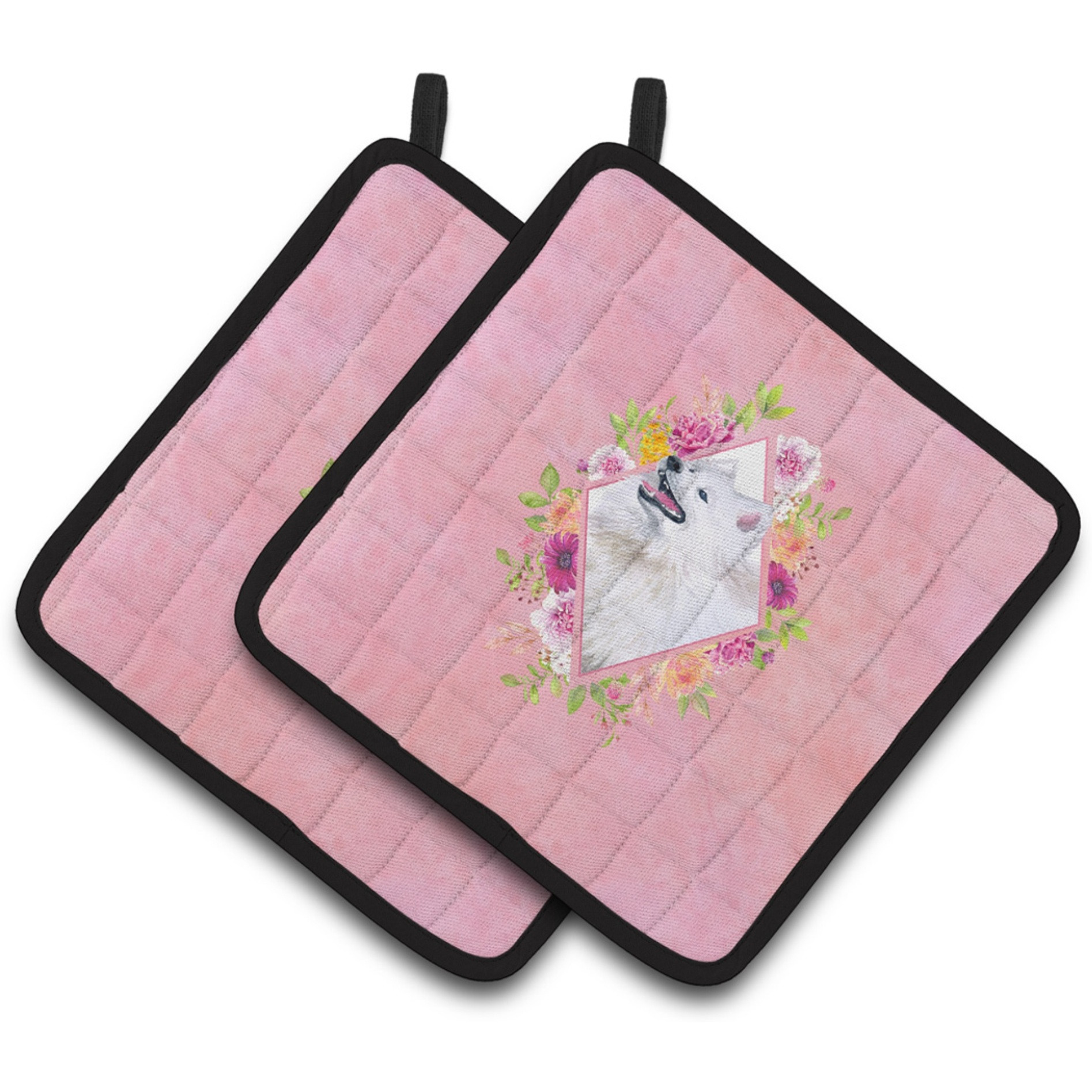 &quotCaroline's Treasures CK4177PTHD Samoyed Pink Flowers Pair of Pot Holders potholders, Multicolor"