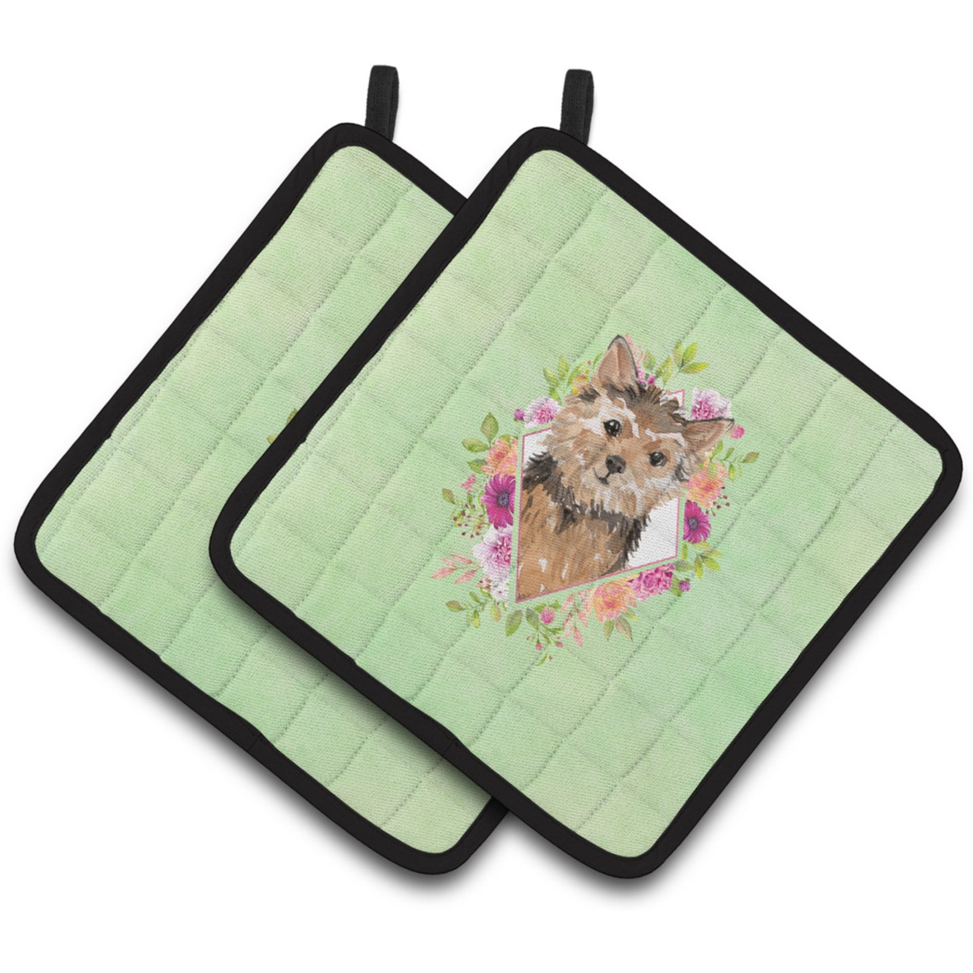 &quotCaroline's Treasures CK4380PTHD Norwich Terrier Green Flowers Pair of Pot Holders potholders, Multicolor"