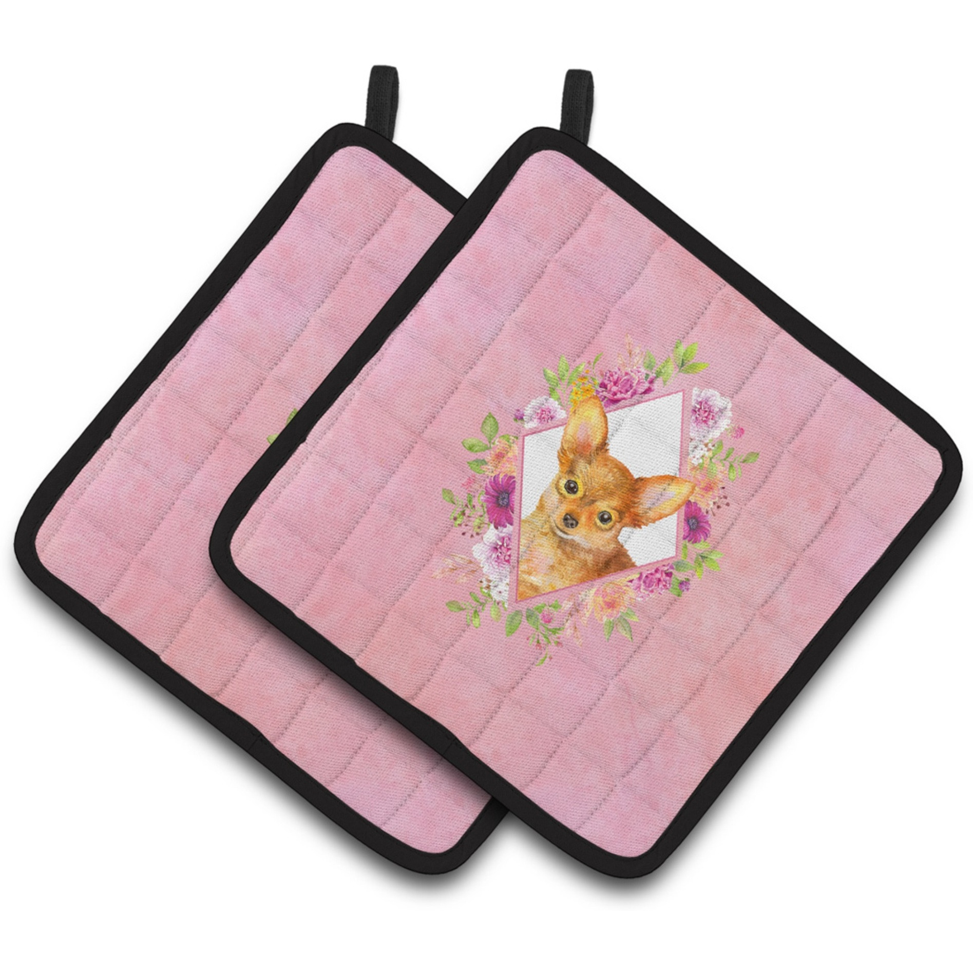 &quotCaroline's Treasures CK4190PTHD Toy Terrier Pink Flowers Pair of Pot Holders potholders, Multicolor"