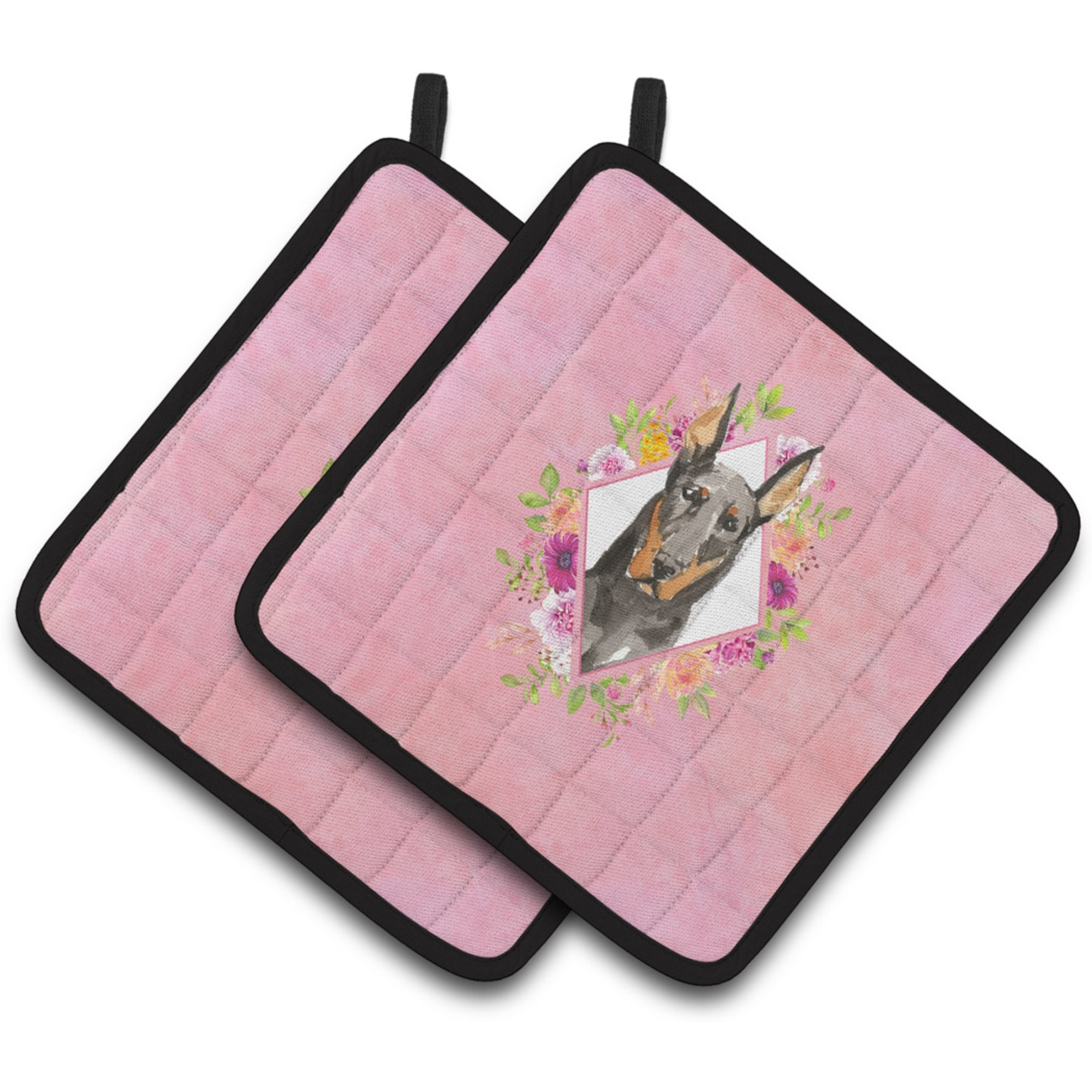 &quotCaroline's Treasures CK4241PTHD Doberman Pinsher Pink Flowers Pair of Pot Holders potholders, Multicolor"