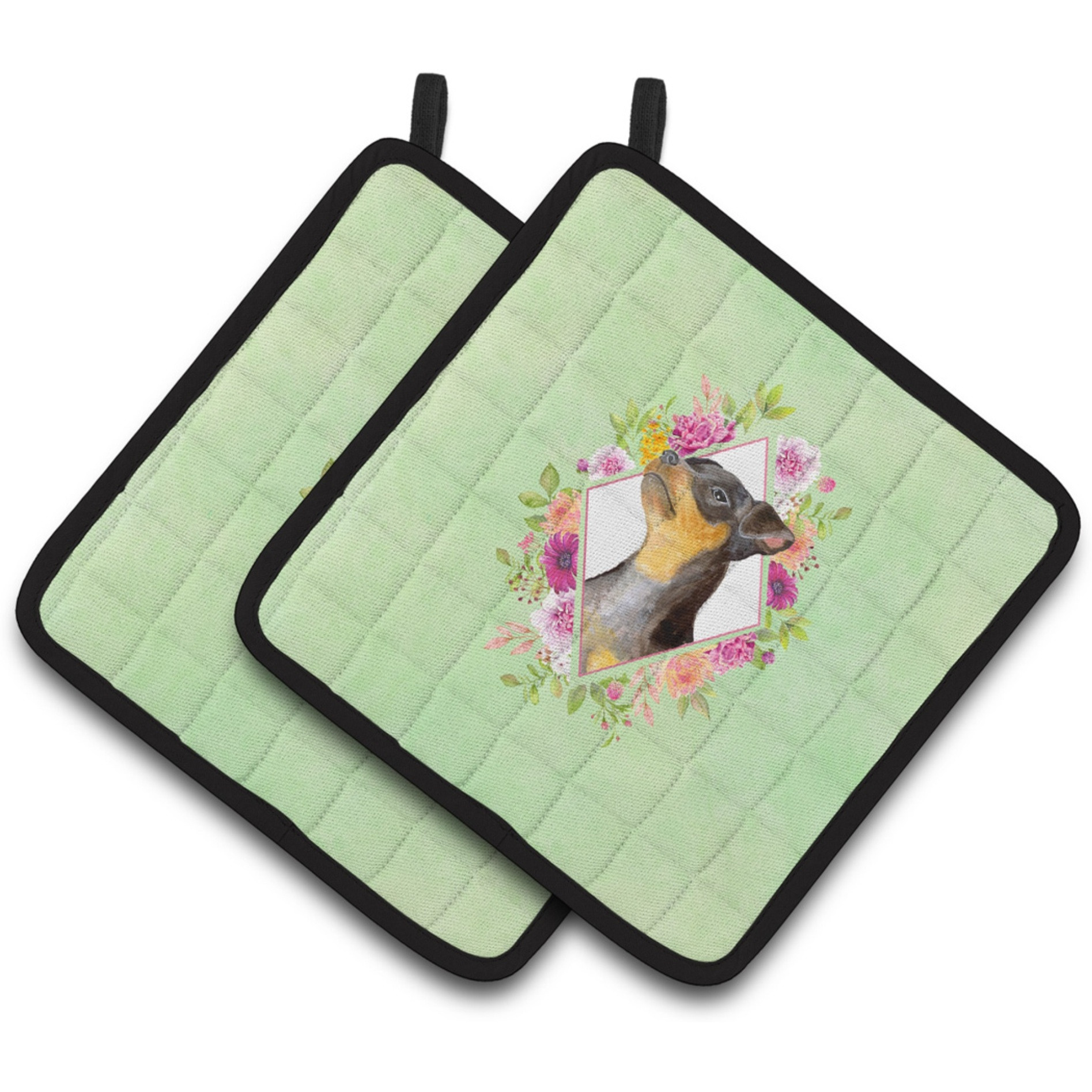 &quotCaroline's Treasures CK4356PTHD Black Miniature Pinscher Green Flowers Pair of Pot Holders potholders, Multicolor"