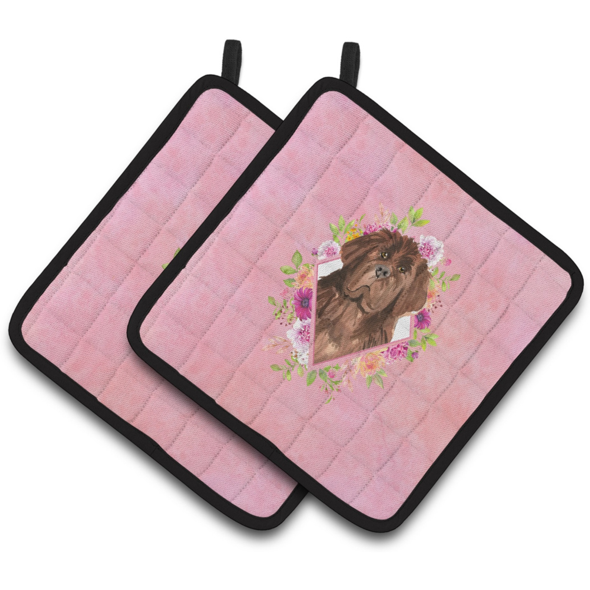 &quotCaroline's Treasures CK4221PTHD Newfoundland Pink Flowers Pair of Pot Holders potholders, Multicolor"