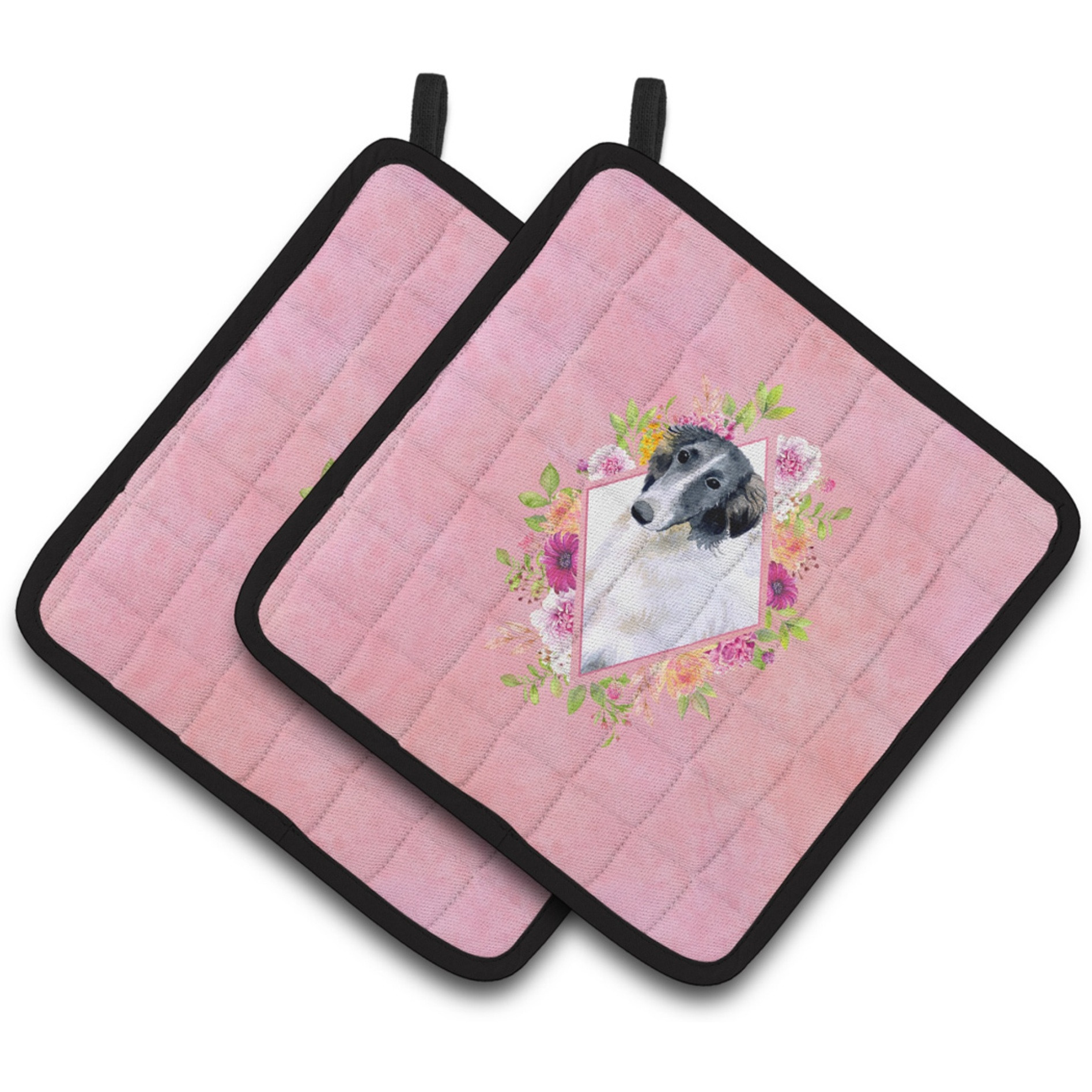&quotCaroline's Treasures CK4122PTHD Borzoi Pink Flowers Pair of Pot Holders potholders, Multicolor"