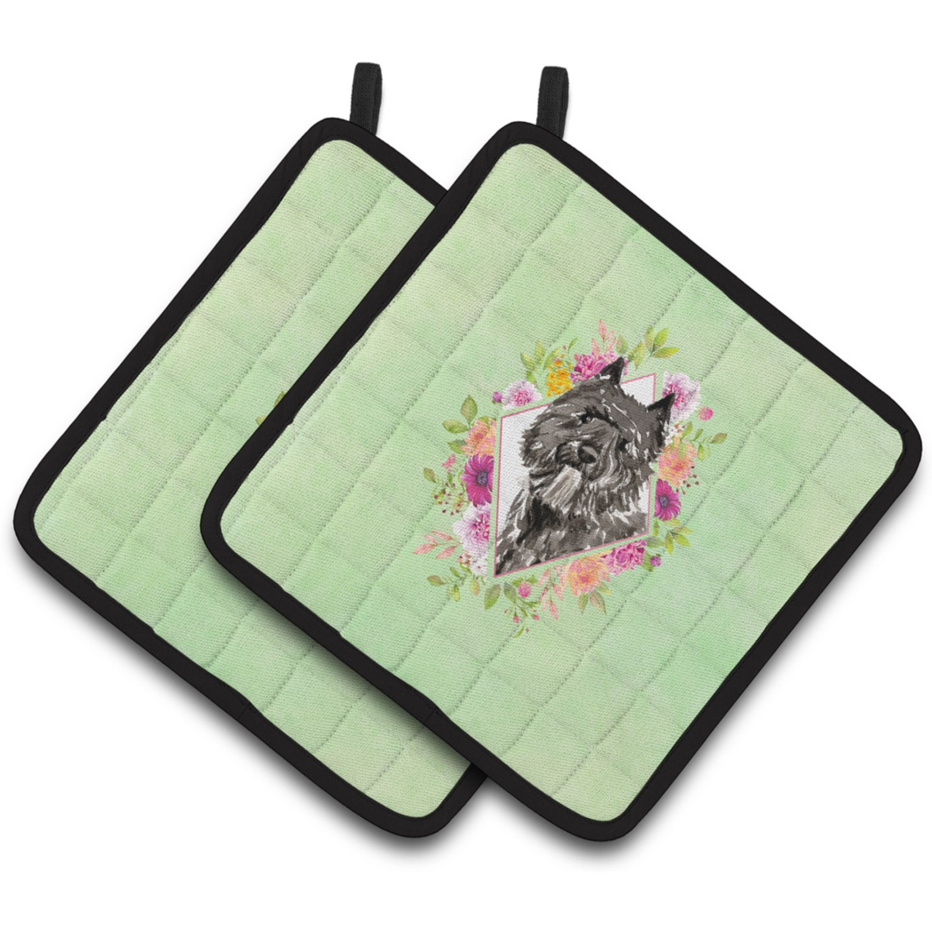 &quotCaroline's Treasures CK4416PTHD Bouvier des Flandres Green Flowers Pair of Pot Holders potholders, Multicolor"