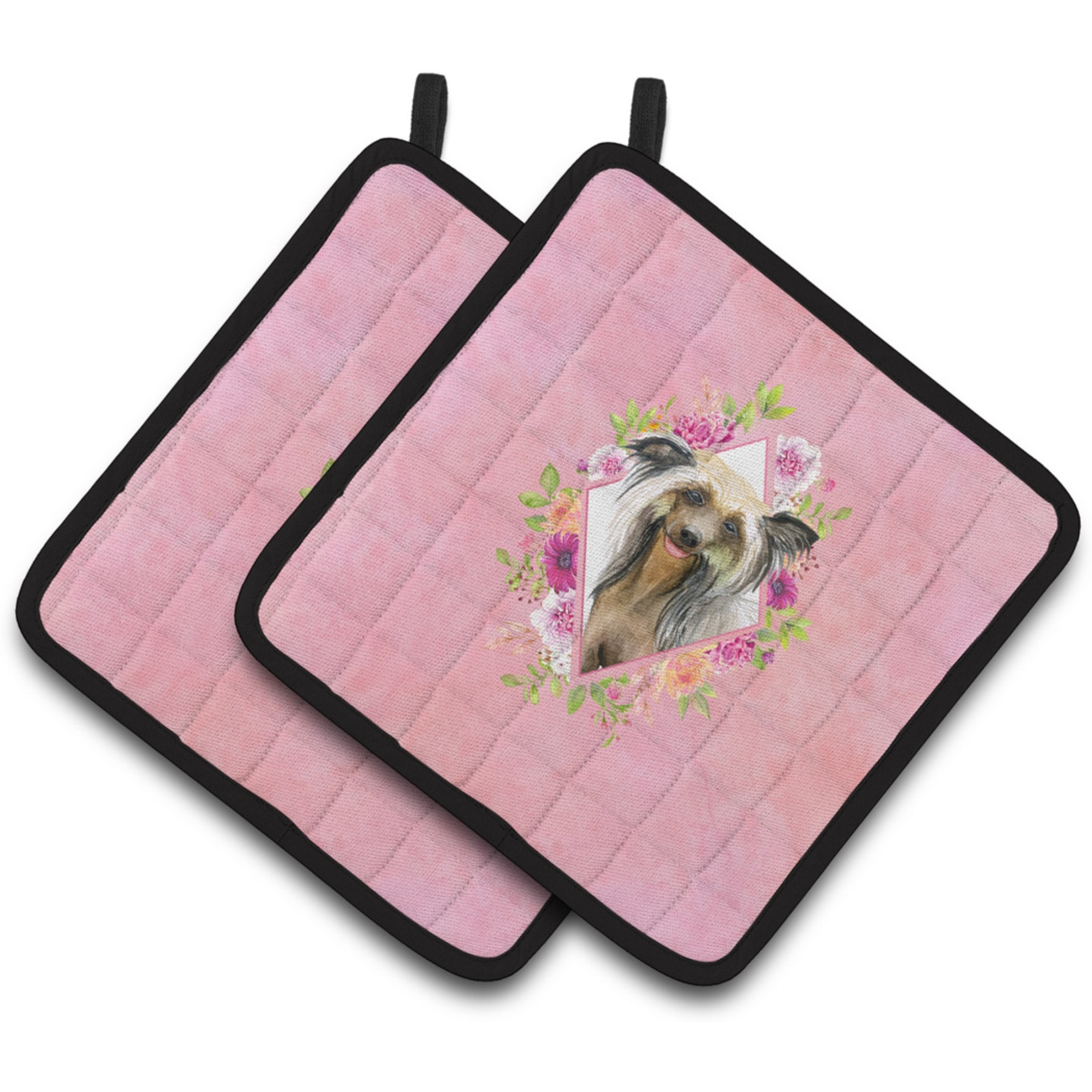 &quotCaroline's Treasures CK4130PTHD Chinese Crested Pink Flowers Pair of Pot Holders potholders, Multicolor"
