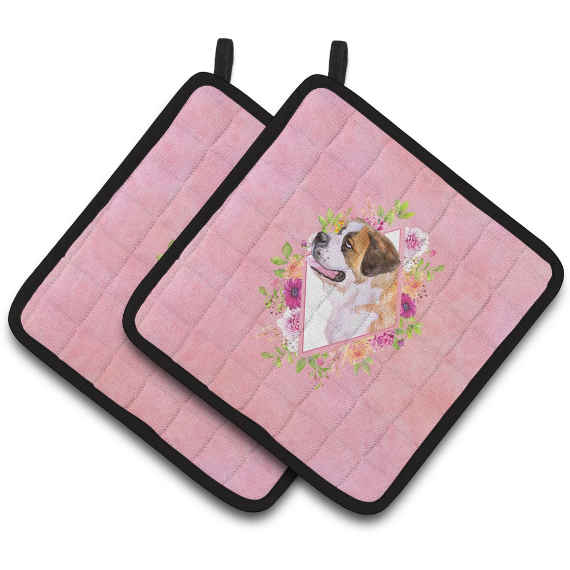 &quotCaroline's Treasures CK4186PTHD Saint Bernard 1 Pink Flowers Pair of Pot Holders potholders, Multicolor"