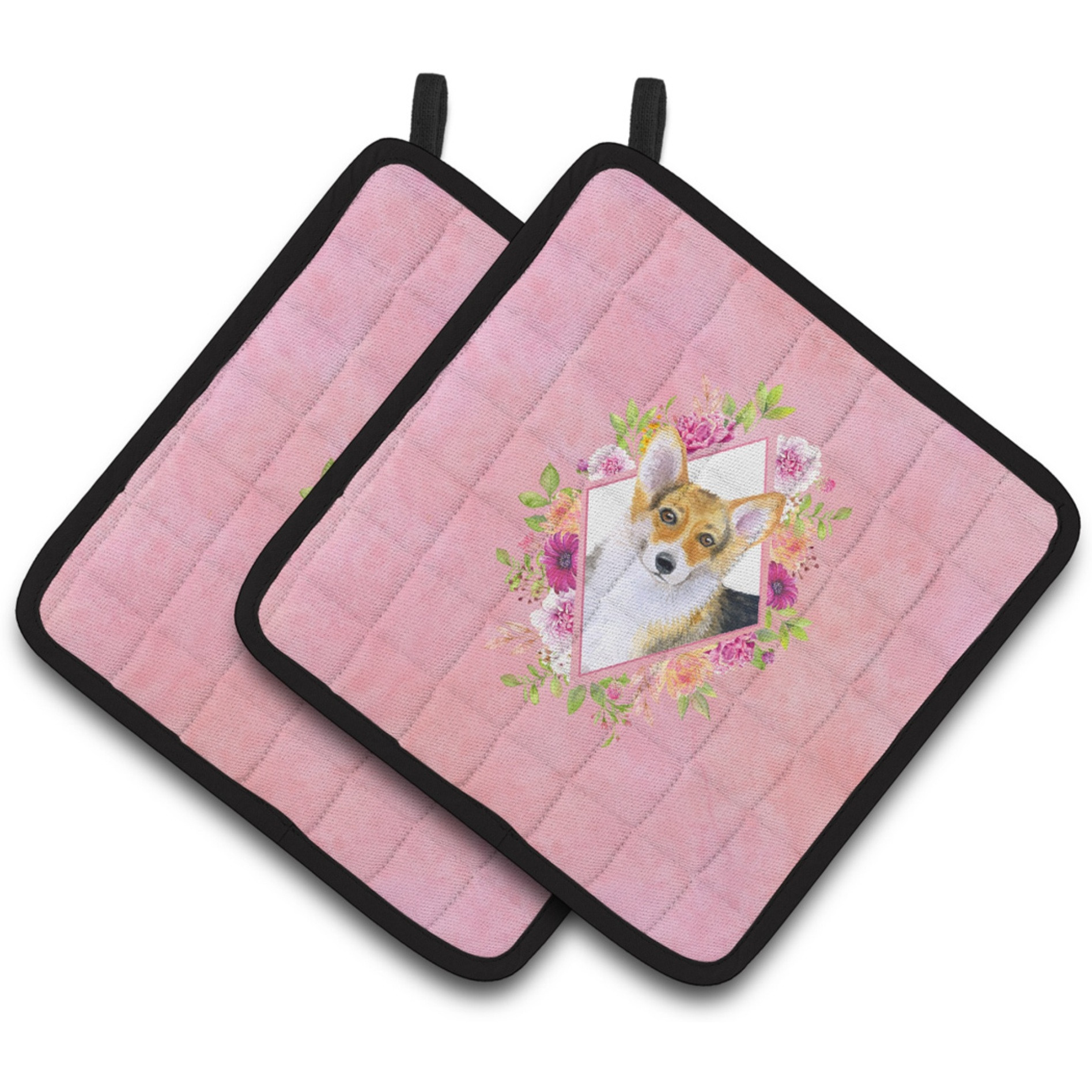 &quotCaroline's Treasures CK4167PTHD Corgi Pink Flowers Pair of Pot Holders potholders, Multicolor"