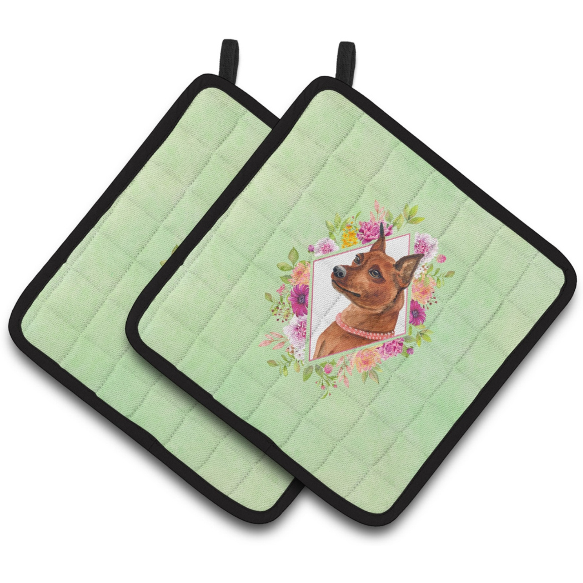 &quotCaroline's Treasures CK4321PTHD Miniature Pinscher Green Flowers Pair of Pot Holders potholders, Multicolor"