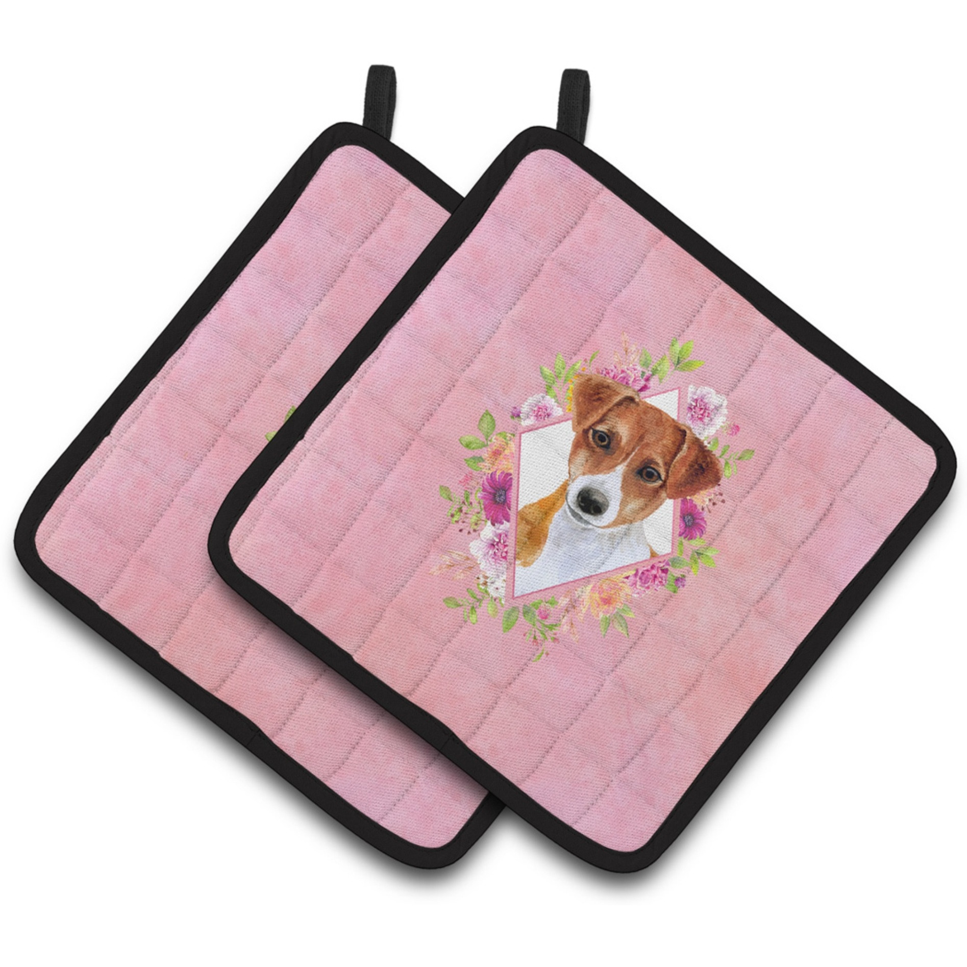 &quotCaroline's Treasures CK4156PTHD Jack Russell Terrier 2 Pink Flowers Pair of Pot Holders potholders, Multicolor"