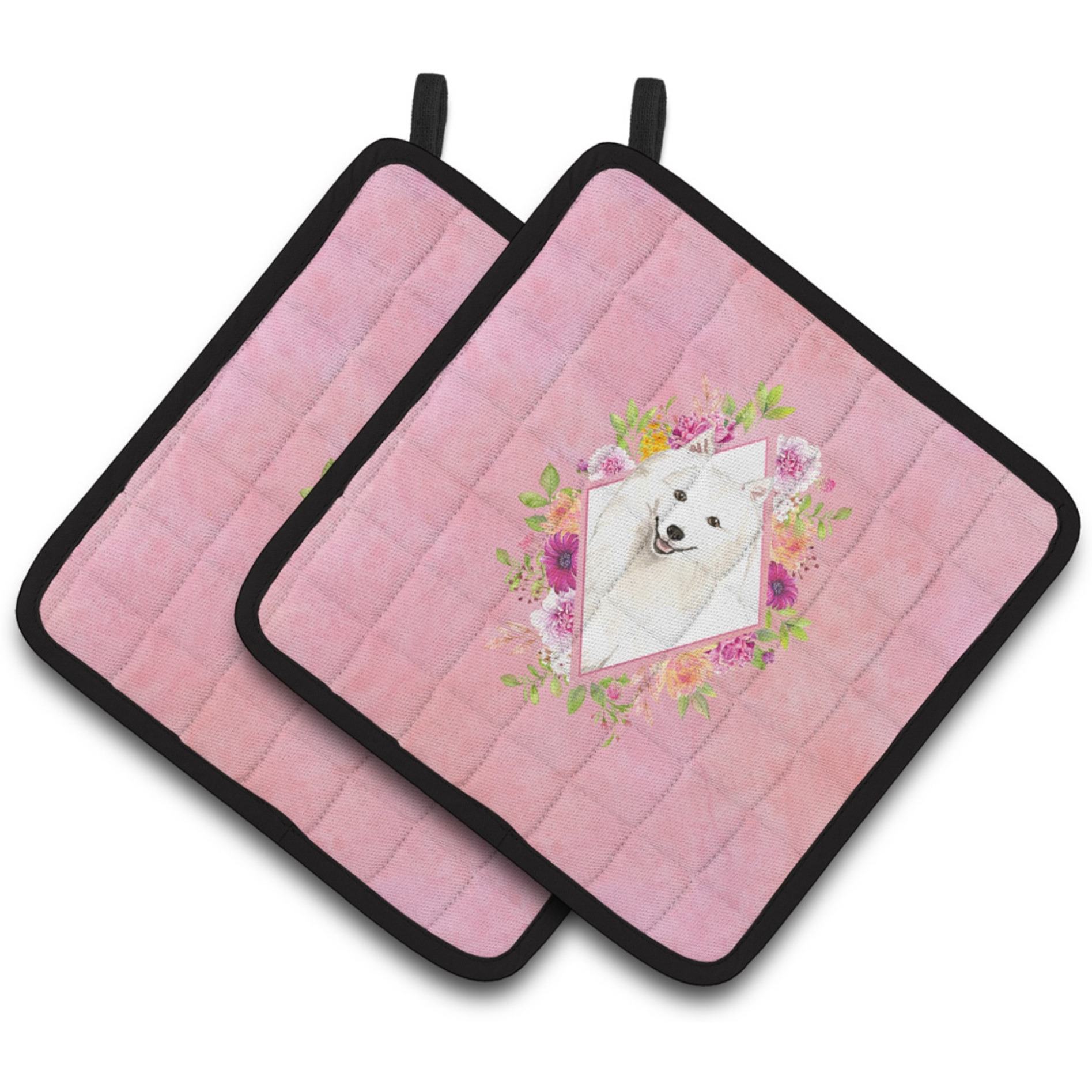 &quotCaroline's Treasures CK4229PTHD Japanese Spitz Pink Flowers Pair of Pot Holders potholders, Multicolor"