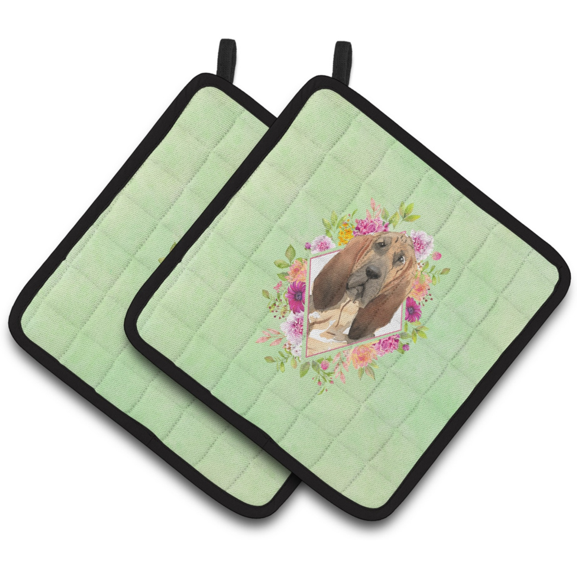 &quotCaroline's Treasures CK4419PTHD Bloodhound Green Flowers Pair of Pot Holders potholders, Multicolor"