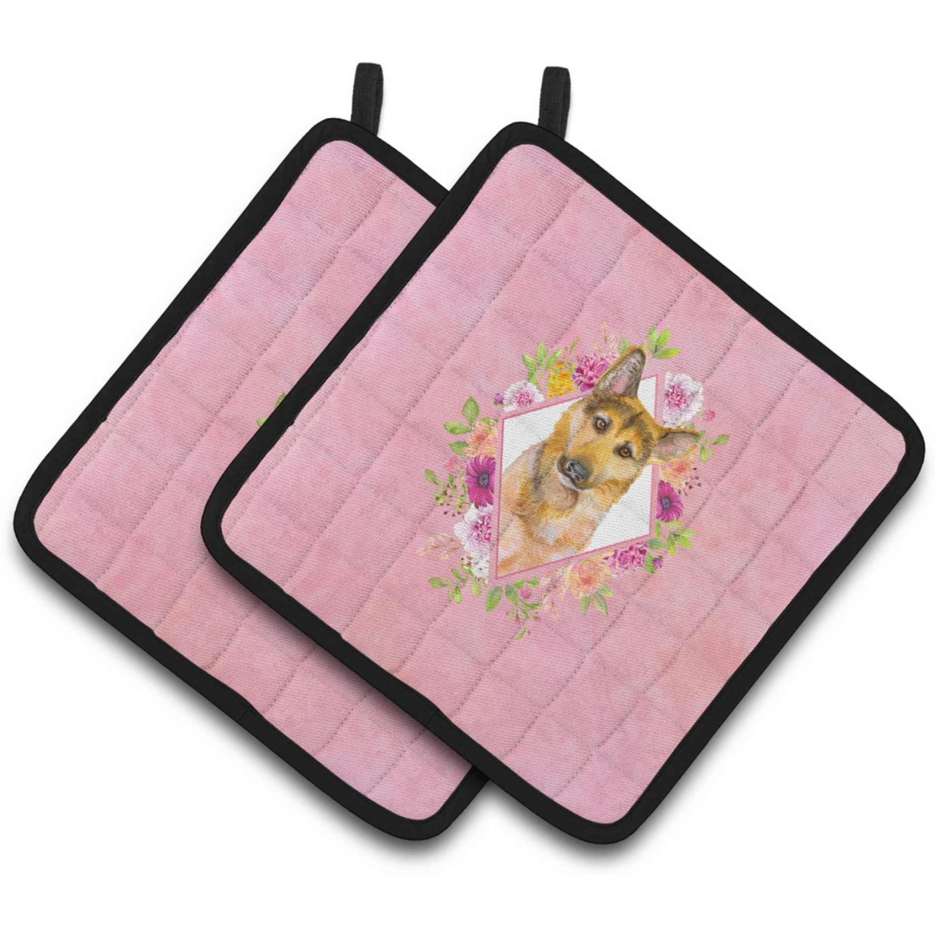 &quotCaroline's Treasures CK4147PTHD German Shepherd 2 Pink Flowers Pair of Pot Holders potholders, Multicolor"